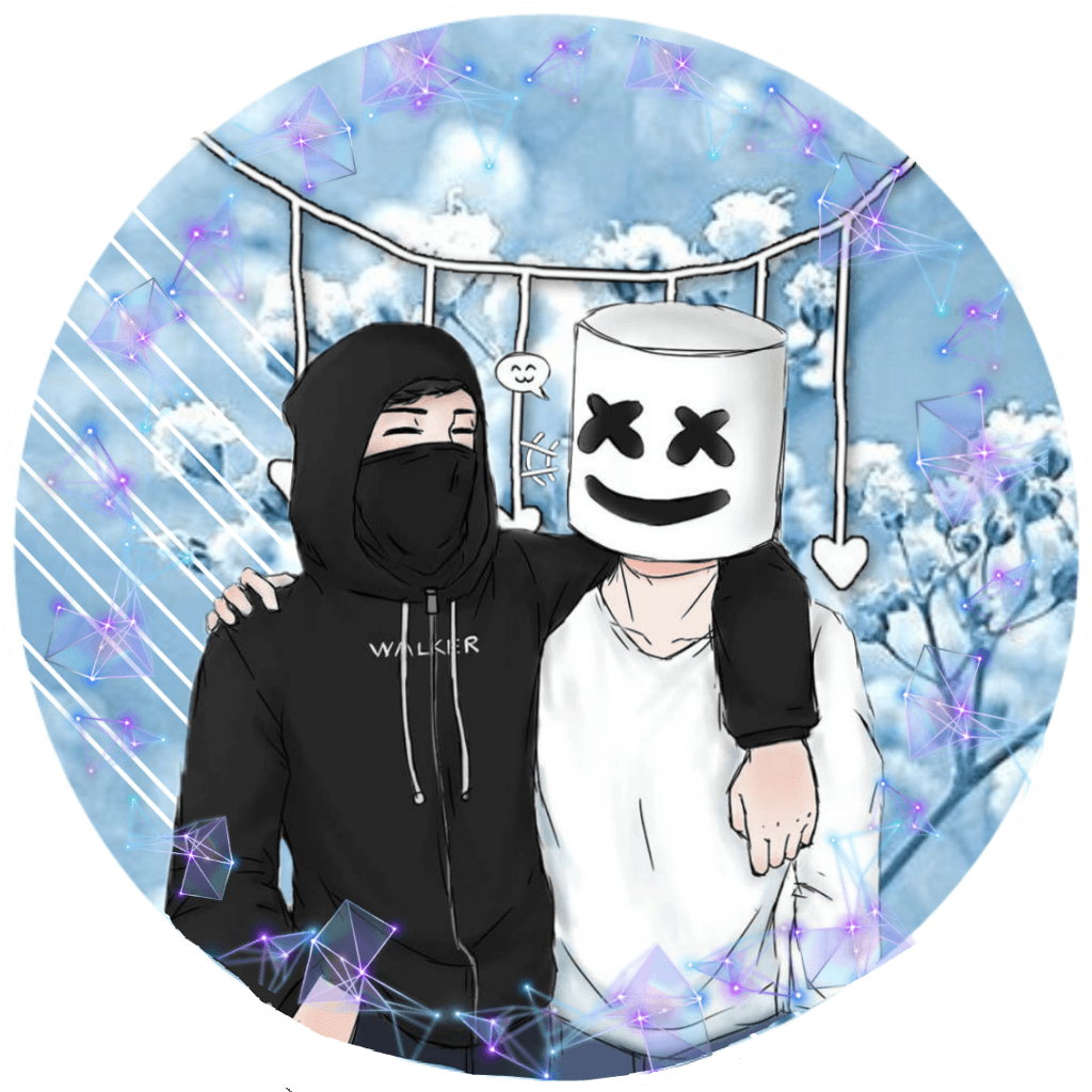 Marshmello 動態圖 桌布 壁紙 — 兩個人物，一個穿黑色連帽衫，另一個戴白色棉花糖面具，在星空下緊密站立，周圍有發光的紫色幾何圖案。