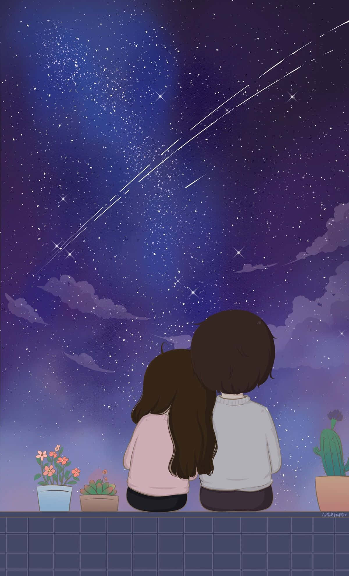 夜空 桌布 壁紙 — 兩個人物並排坐在瓷磚邊緣，仰望充滿流星和柔和雲彩的 vibrant 星空夜空。