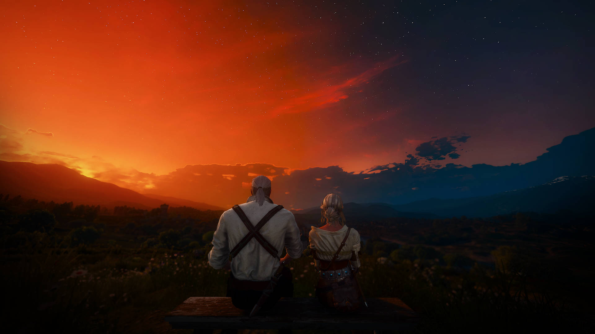 The Witcher 3 桌布 壁紙 — 兩個人物並排坐在長椅上，觀看熾熱的日落將天空染成橙色和紫色，映照在遠山之上。
