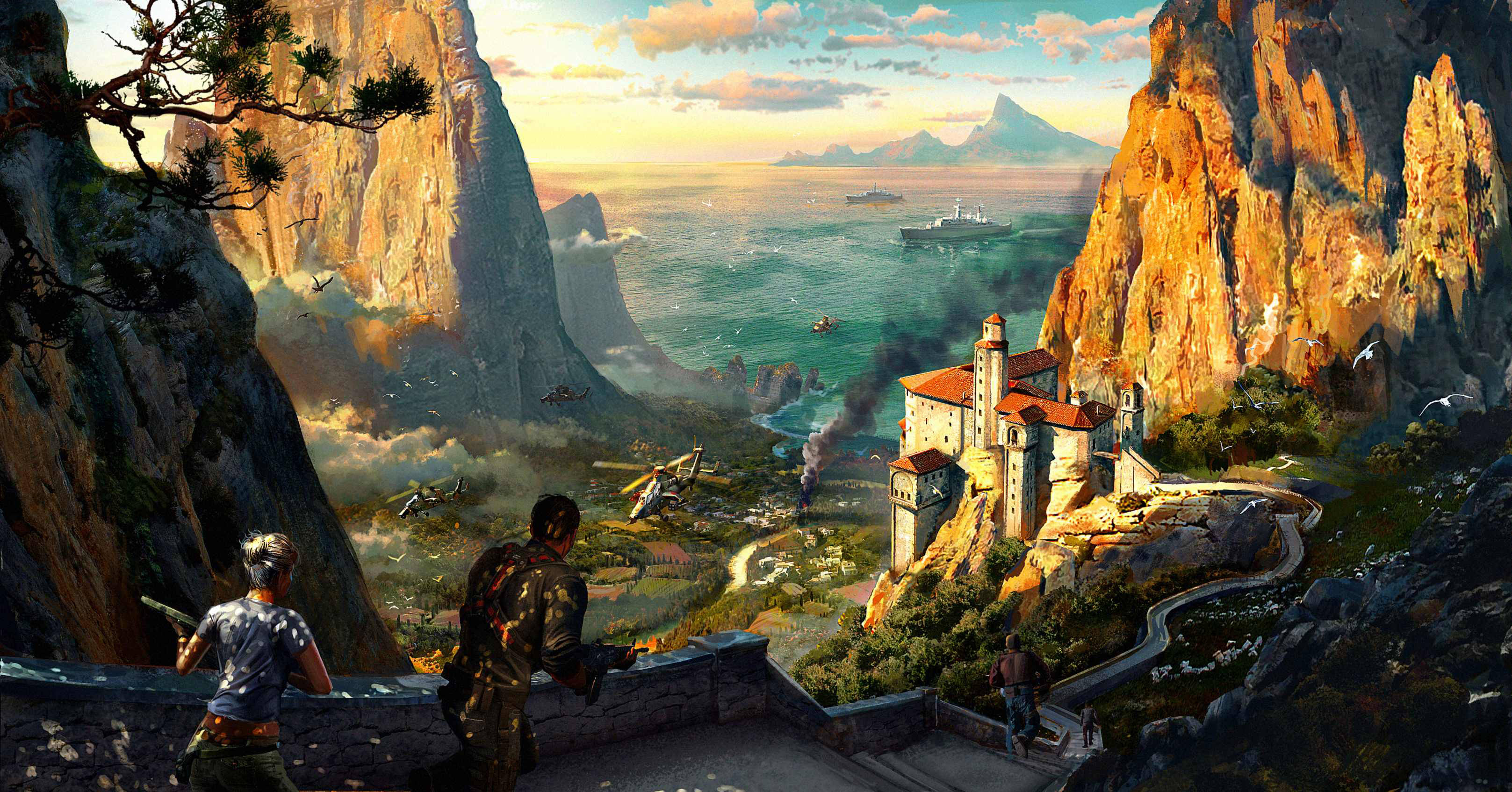 just cause 2 桌布 壁紙 — 兩個人物俯瞰著坐落於高聳懸崖之間的海岸堡壘，而戰機在下方海面上飛過。