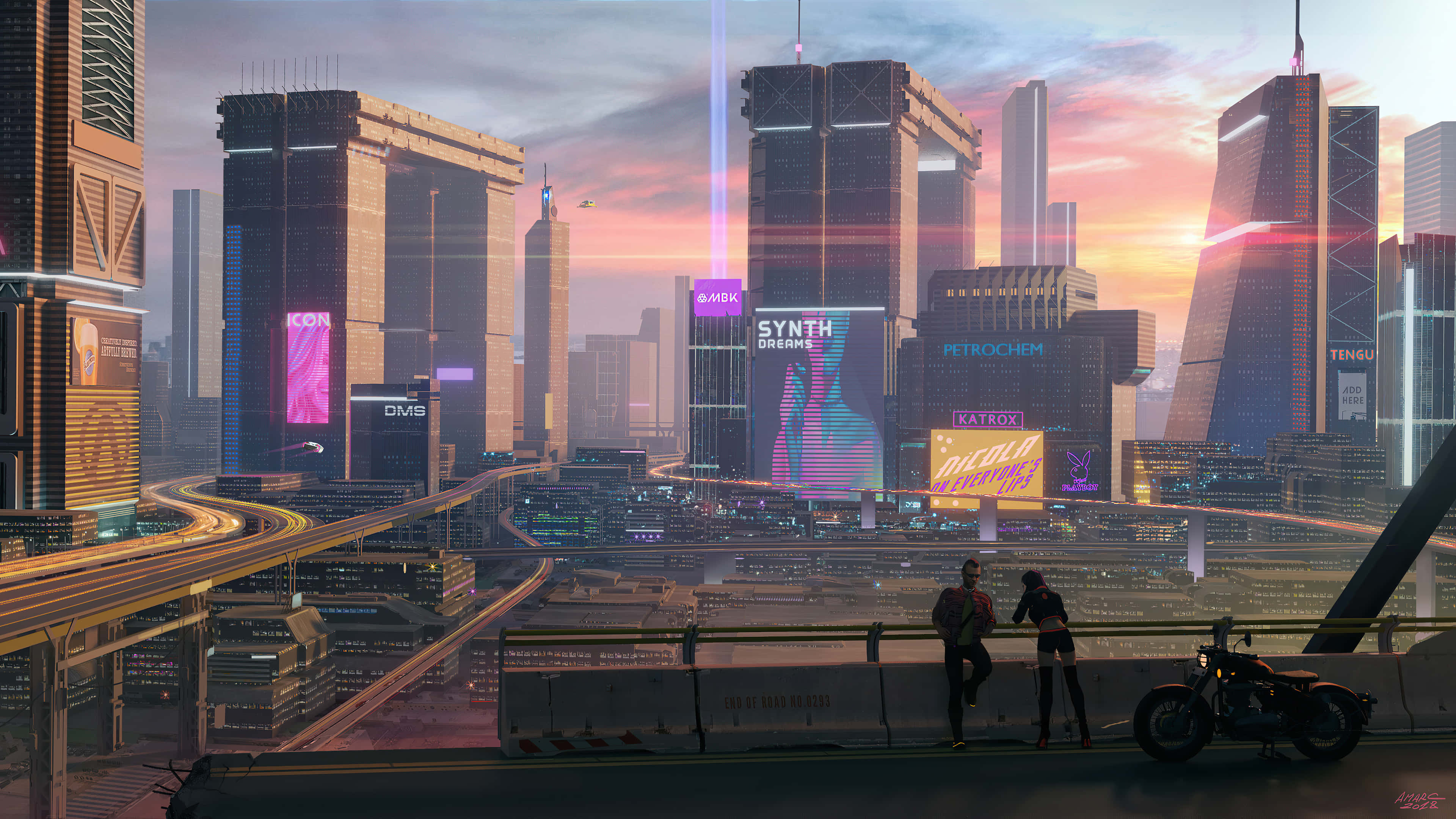 Cyberpunk Night City 桌布 壁紙 — 兩個人物倚在欄杆上，俯瞰日落時分霓虹燈閃爍的未來城市景觀，高聳的摩天大樓和發光的廣告牌。