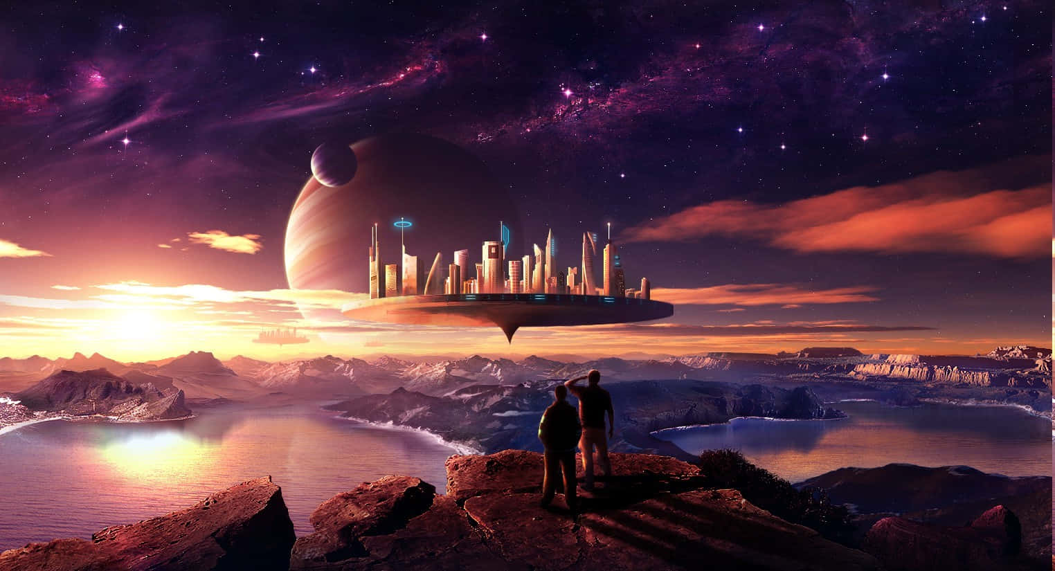 Fantasy Space 桌布 壁紙 — 兩個人物凝視著漂浮在崎嶇海岸線上空、星空暮色下的未來城市。