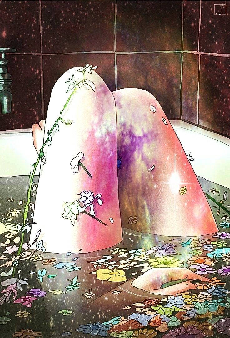 Woman 桌布 壁紙 — 兩個人物在一個充滿星星的浴缸中擁抱，浴缸裡溢出色彩繽紛的花朵，背景是宇宙天空。
