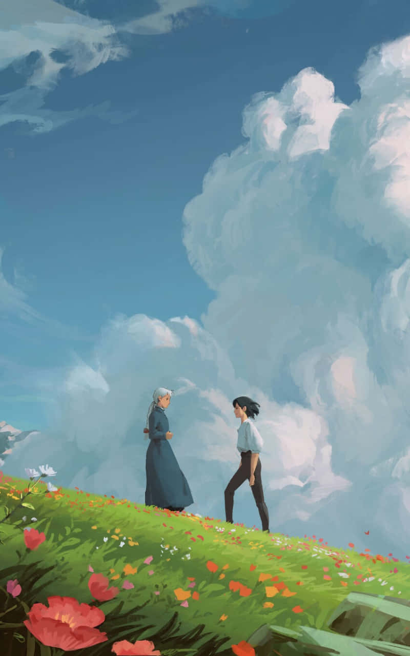 Studio Ghibli Phone 桌布 壁紙 — 兩個人物在充滿活力的草地上並肩而行，草地上點綴著紅色和橙色的花朵，頭頂是廣闊的藍天和蓬鬆的白雲。
