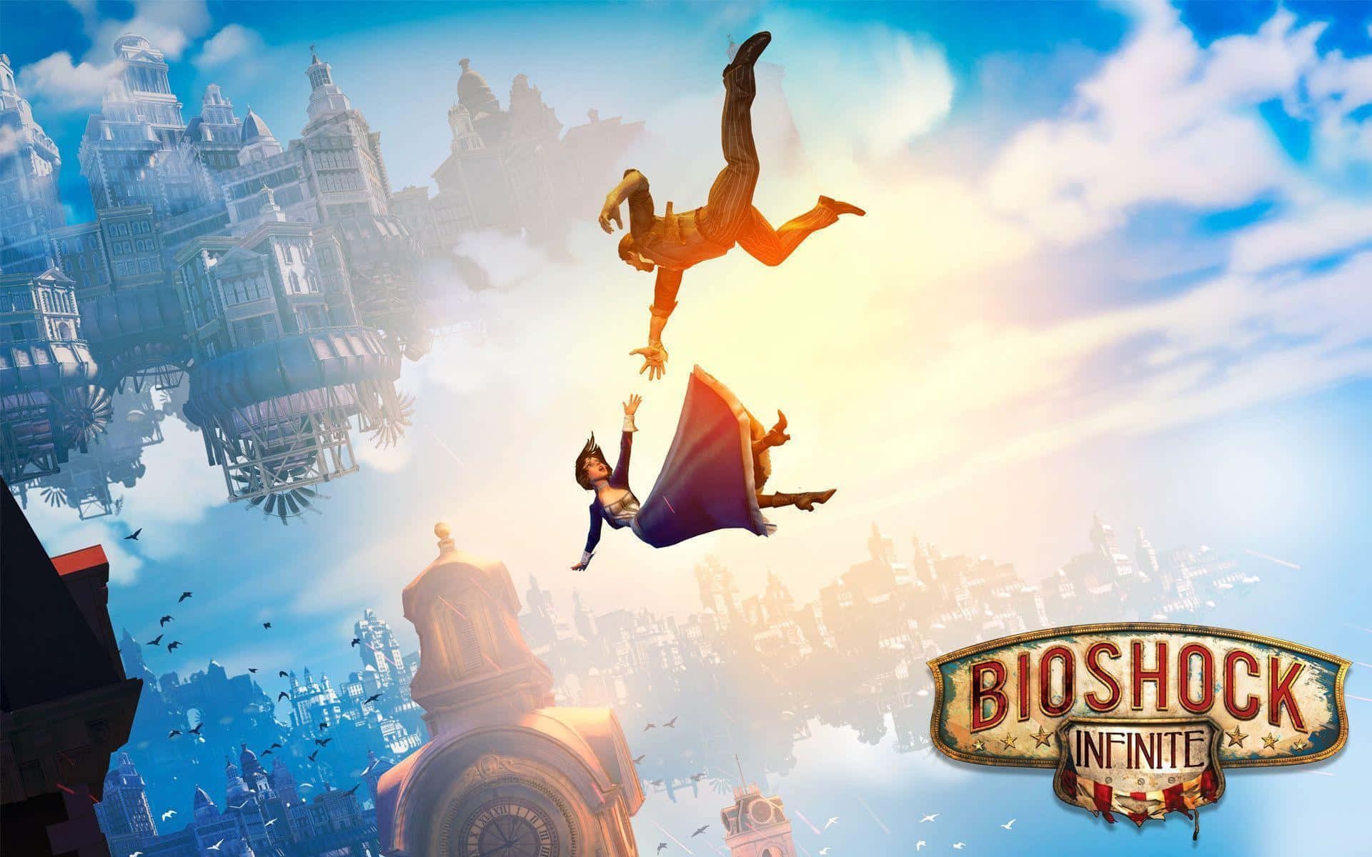 Best Bioshock Infinite 桌布 壁紙 — 兩個人物在充滿浮空城市和鳥兒的天空中翱翔，背景是明亮的藍天。