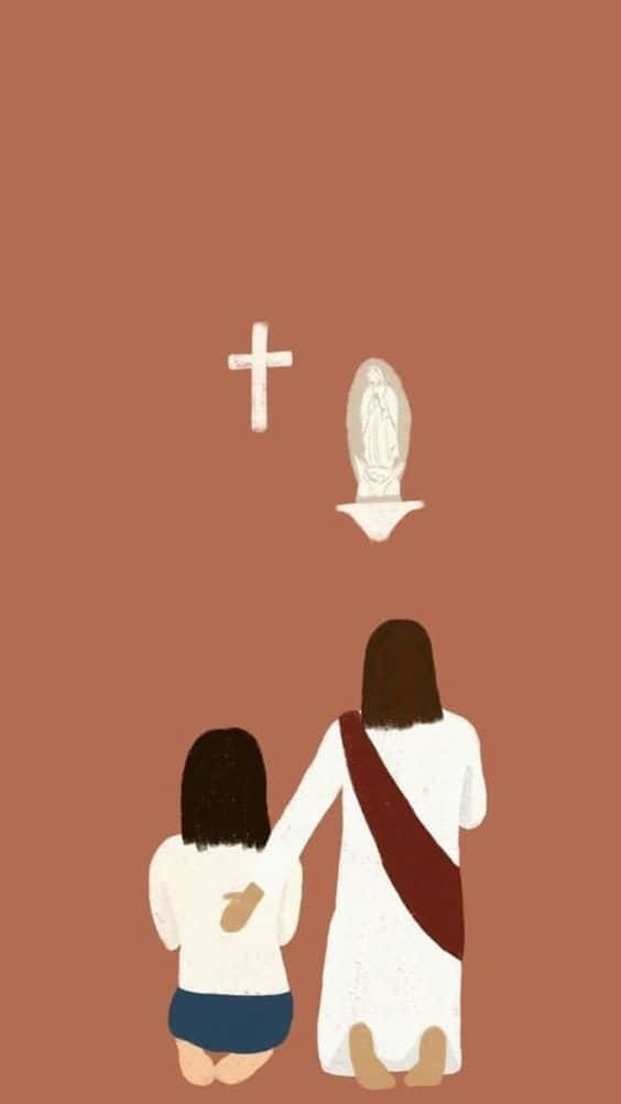 Aesthetic Jesus 桌布 壁紙 — 兩個人物在十字架和聖母瑪利亞雕像下跪著祈禱，手牽著手，背景是溫暖的赤陶色。