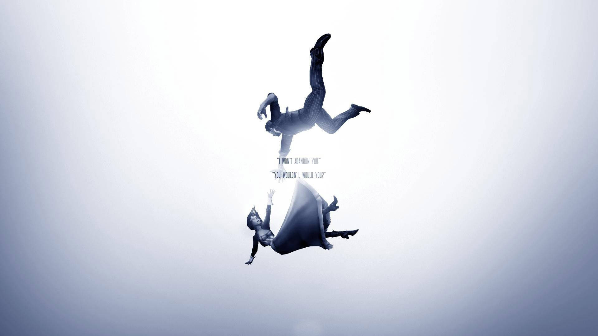 Bioshock Infinite Desktop 桌布 壁紙 — 兩個人物在半空中擁抱，背景是柔和漸變的天空，他們之間有漂浮的文字。