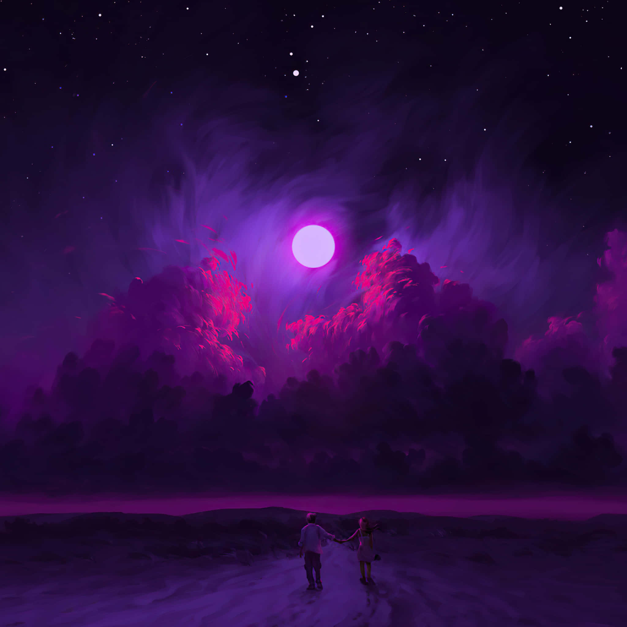 Light 桌布 壁紙 — 兩個人物在夢幻般的夜空中，在旋轉的宇宙雲層中，於發光的紫色月亮下牽手。