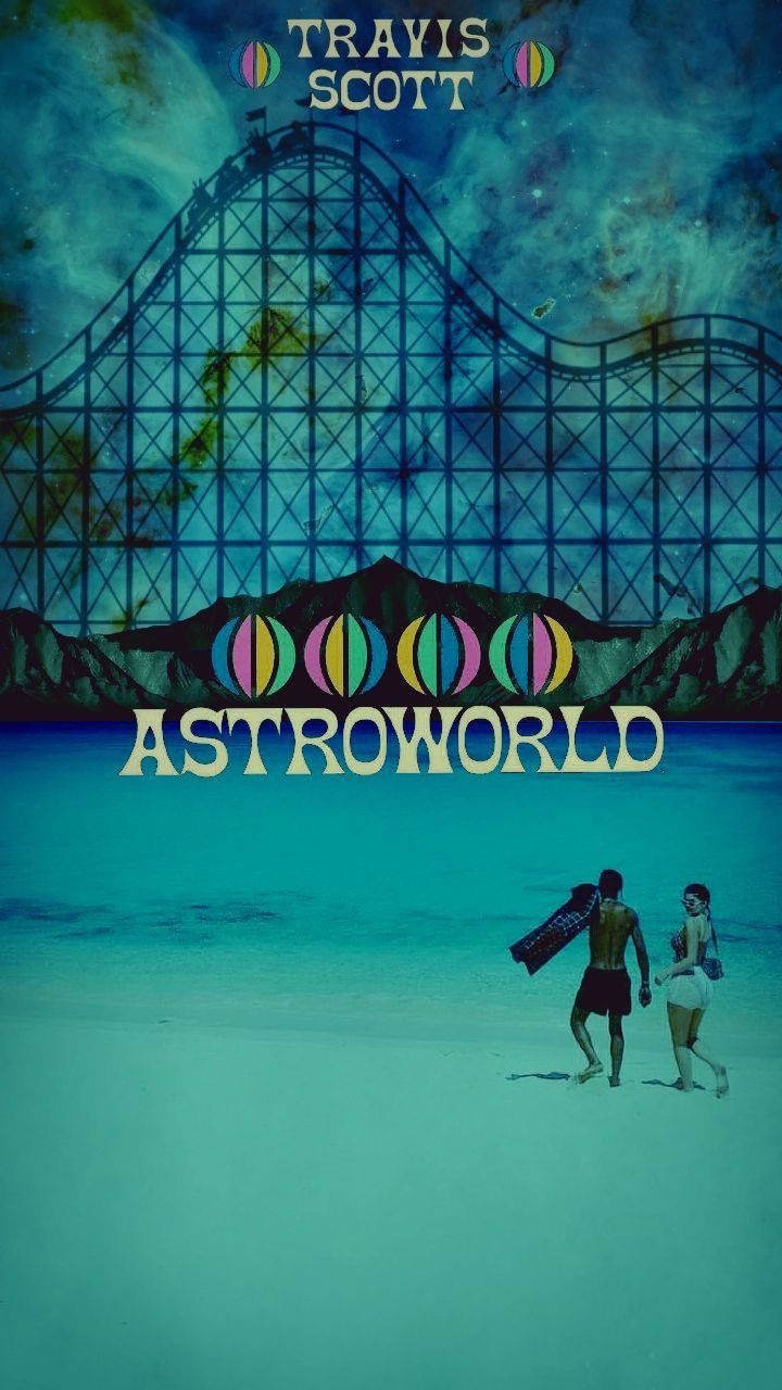 Astroworld 桌布 壁紙 — 兩個人物在宇宙天空下，在巨型雲霄飛車下的綠松石海灘上行走，帶有'ASTROWORLD'文字。