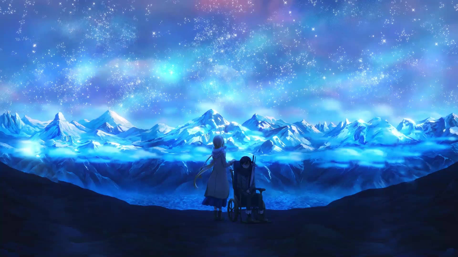 Kirito 桌布 壁紙 — 兩個人物在寧靜的動畫場景中，凝視著星空宇宙下發光的藍色山脈。