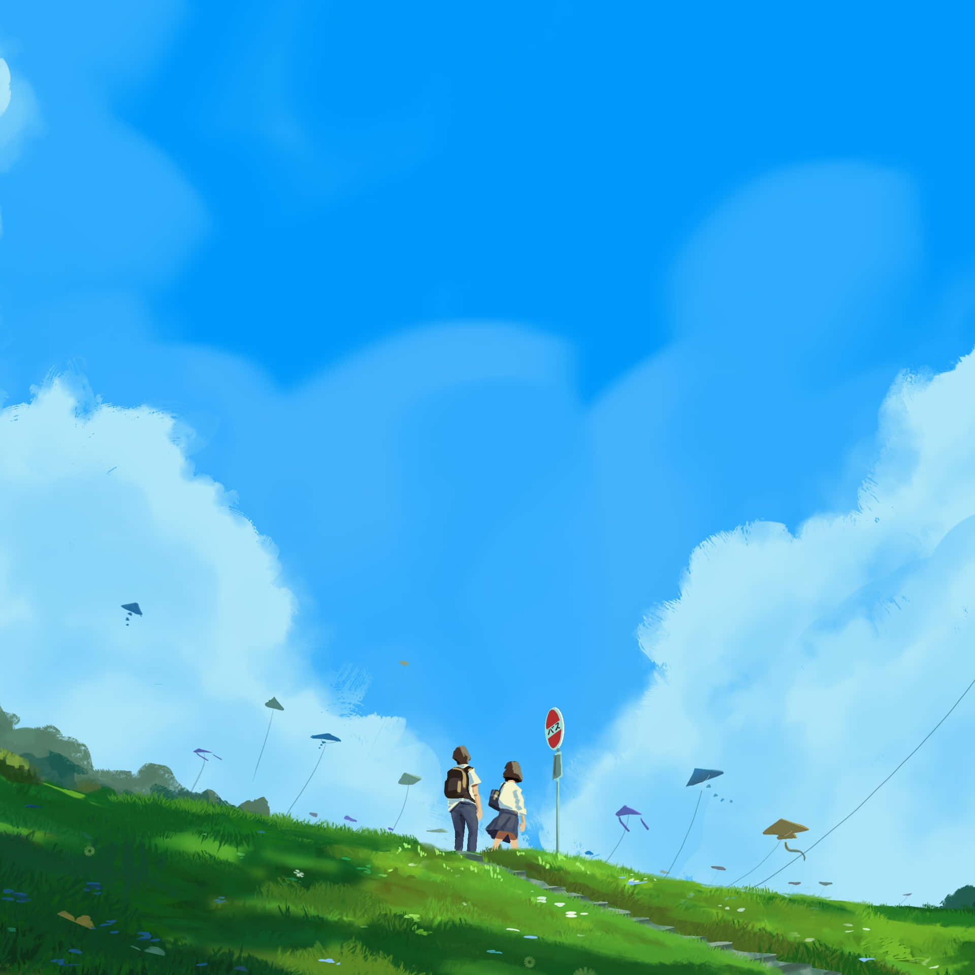 Lo Fi Anime Chill 桌布 壁紙 — 兩個人物在廣闊的藍天下，沿著長滿草的山丘行走，天空點綴著蓬鬆的雲朵和五彩繽紛的風箏。