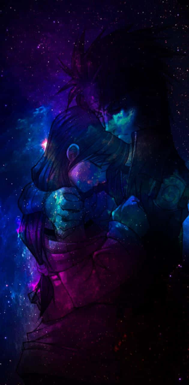 動漫 桌布 壁紙 — 兩個人物在旋轉的紫色和藍色星雲以及發光星星的宇宙背景下親密擁抱。
