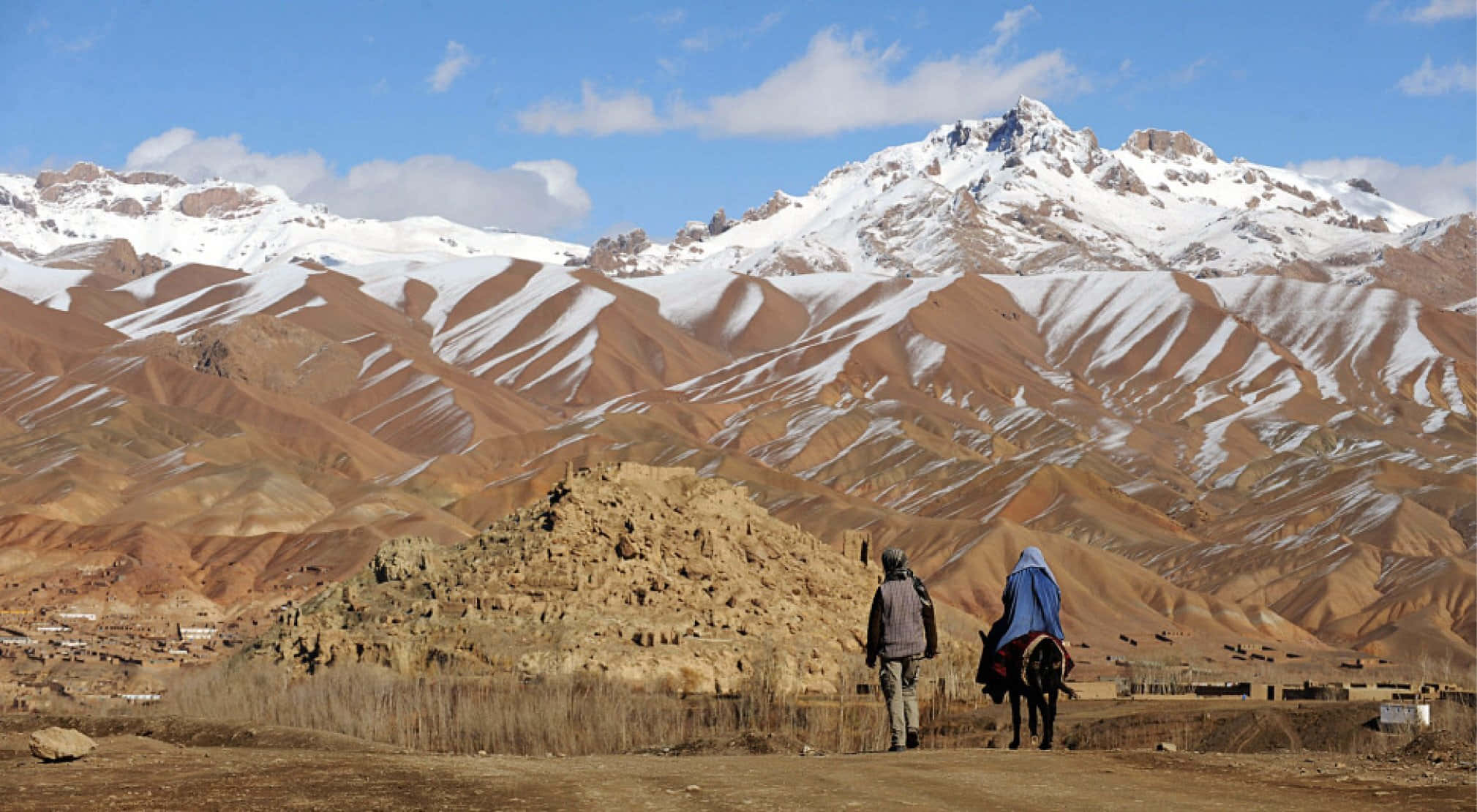 Afghanistan 桌布 壁紙 — 兩個人物在明亮的藍天下，沿著一條塵土飛揚的小路，走在高聳的雪山之下。