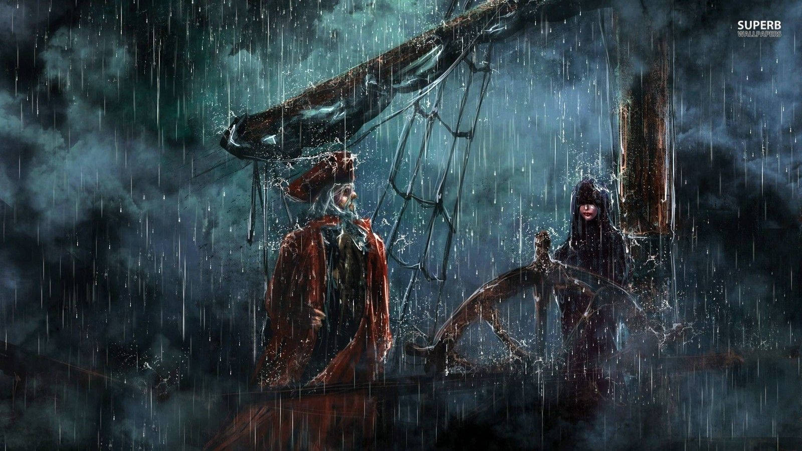 海盜 桌布 壁紙 — 兩個人物在暴風雨中的船上，船具破損，大雨傾盆，天空陰暗。