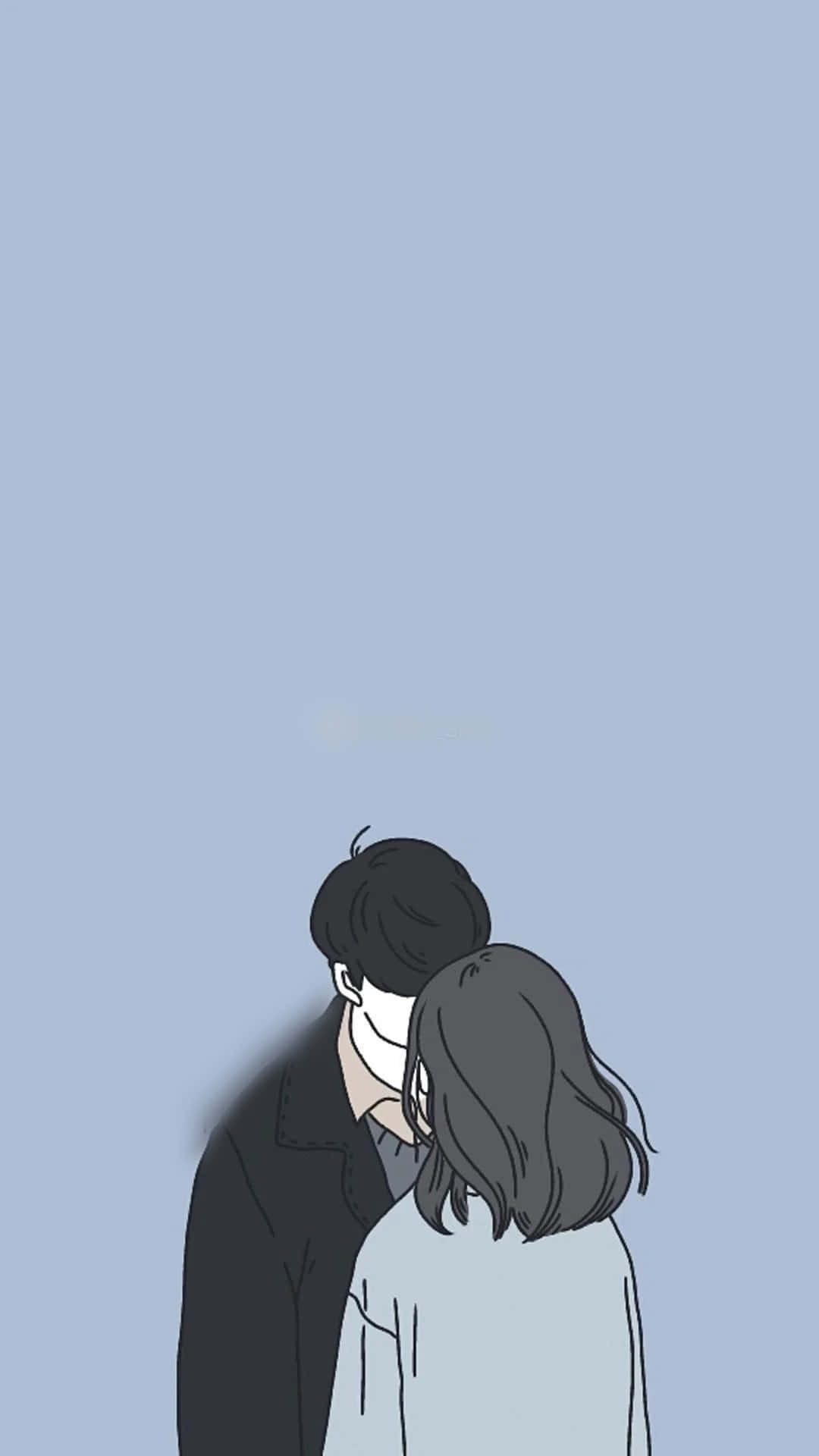 Aesthetic Couple 桌布 壁紙 — 兩個人物在柔和藍色背景前靜靜擁抱，以極簡線條藝術呈現。