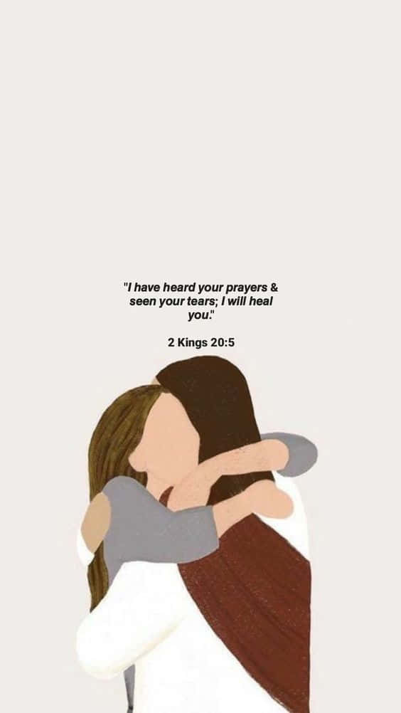 Hug 桌布 壁紙 — 兩個人物在極簡插圖中溫柔擁抱，附有關於醫治和安慰的聖經經文。