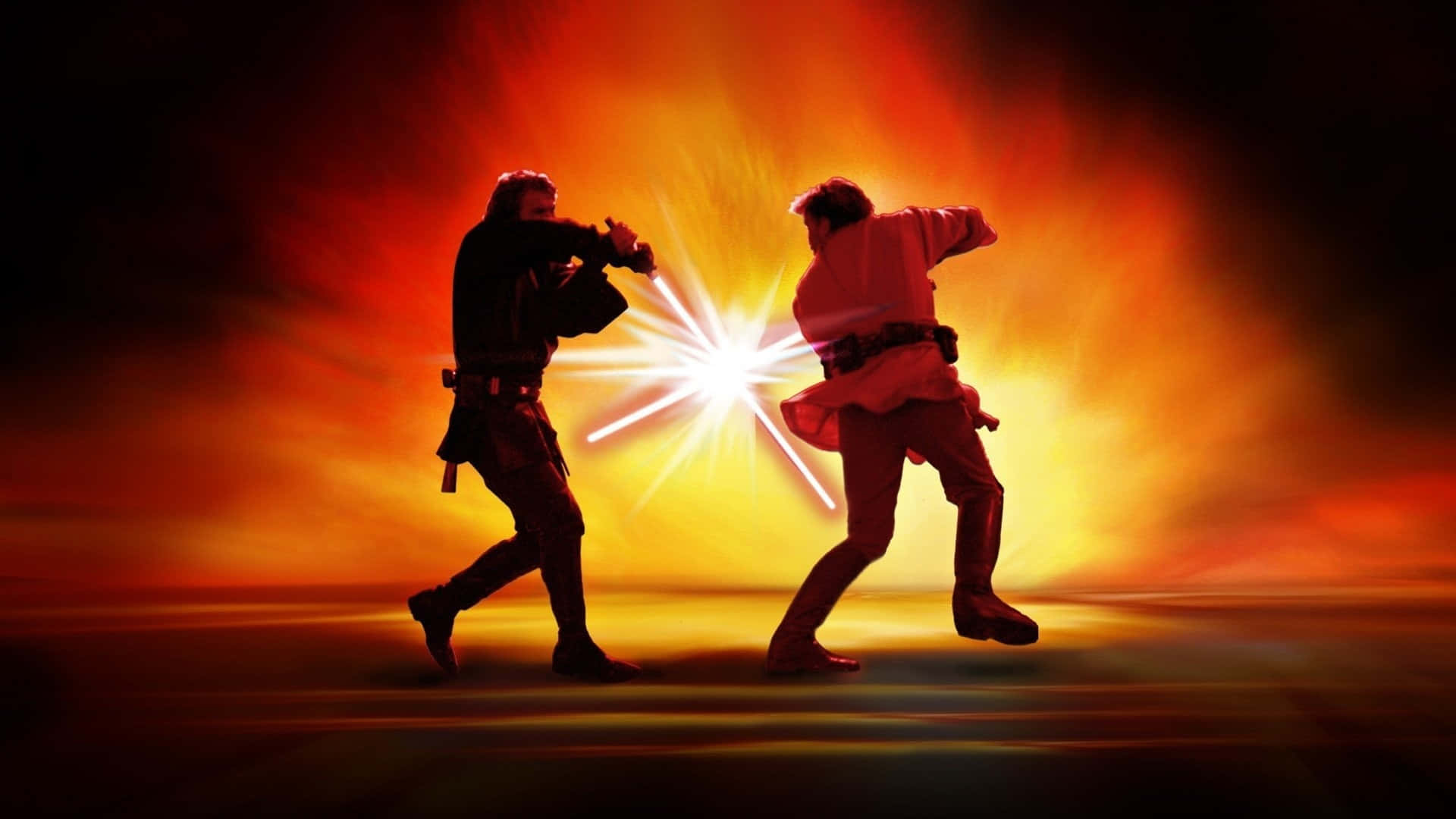 Mustafar 桌布 壁紙 — 兩個人物在熾熱的橙紅色背景下，用發光的雷射劍決鬥，並有耀眼的光束。