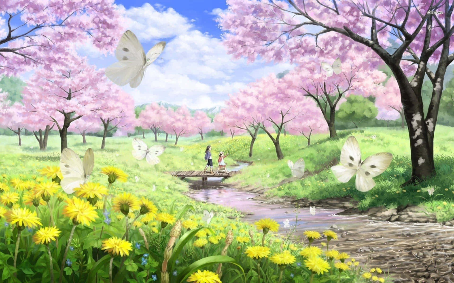 Cherry Blossoms Anime Scenery 桌布 壁紙 — 兩個人物在盛開的粉紅色櫻花樹下的木橋上漫步，白色蝴蝶在鮮黃色的蒲公英間飛舞。