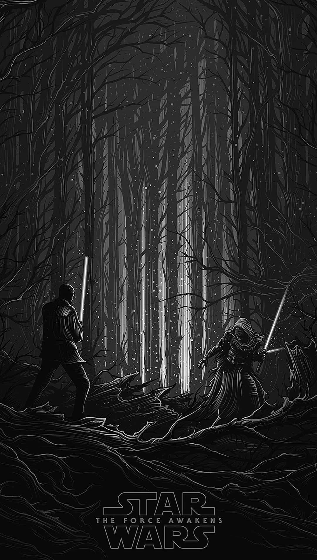 the force awakens 桌布 壁紙 — 兩個人物在繁星點點的天空下，在一片單調的黑白森林中用發光的光劍決鬥。