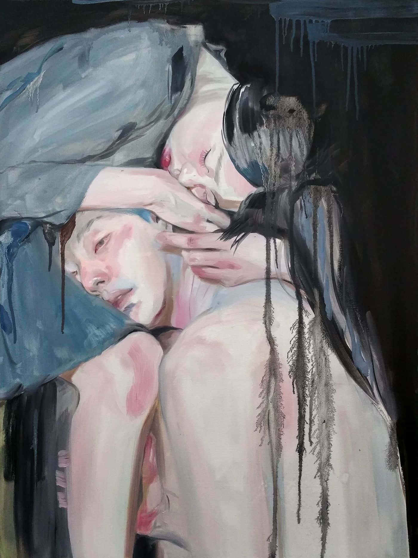 Hugging 桌布 壁紙 — 兩個人物在親密擁抱中，以柔和粉彩和黑色滴落顏料在黑色背景上呈現。