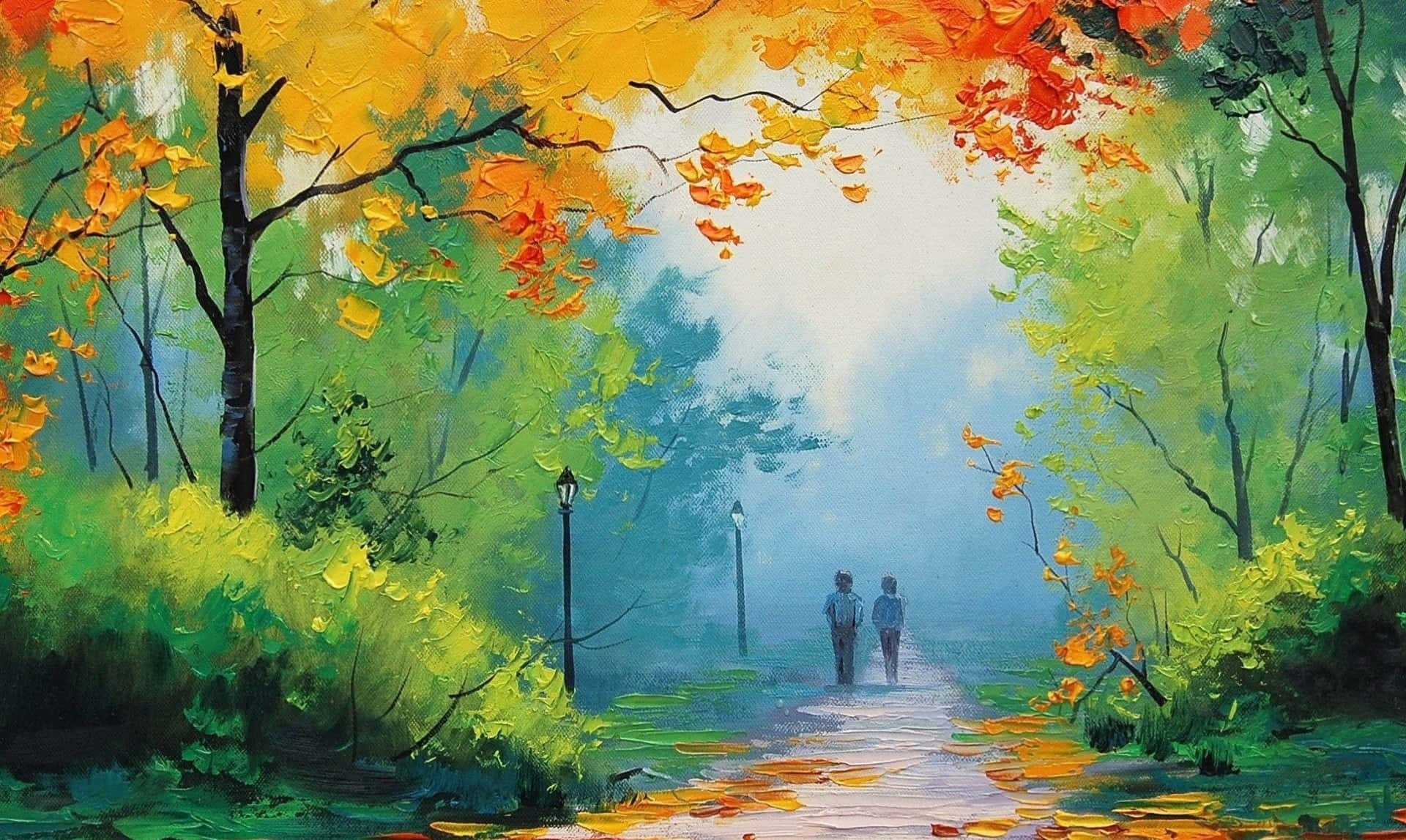 Painting 桌布 壁紙 — 兩個人物在霧氣瀰漫的小徑上行走，上方是色彩繽紛的秋葉樹冠，呈現如畫的森林場景。