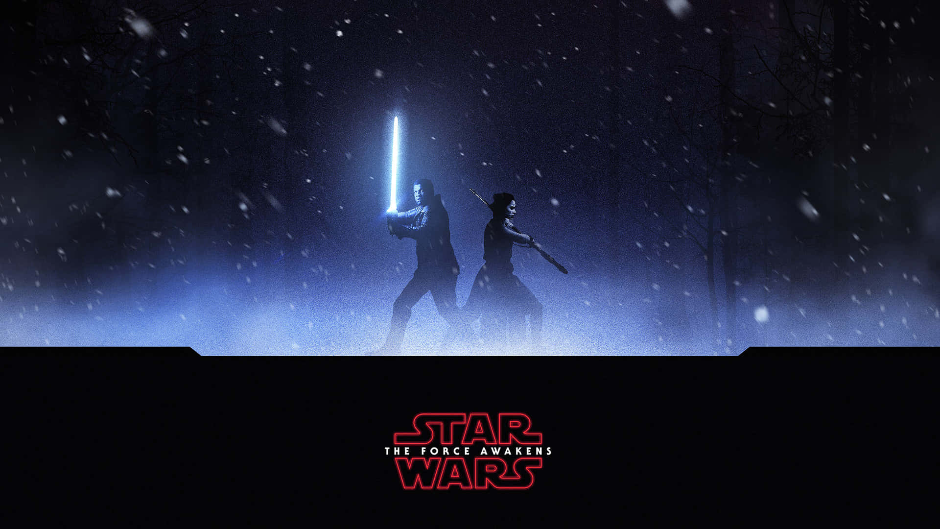 Lightsaber Duels 桌布 壁紙 — 兩個人物在黑夜的黑暗森林中，在飄雪下用發光的藍色光劍決鬥。