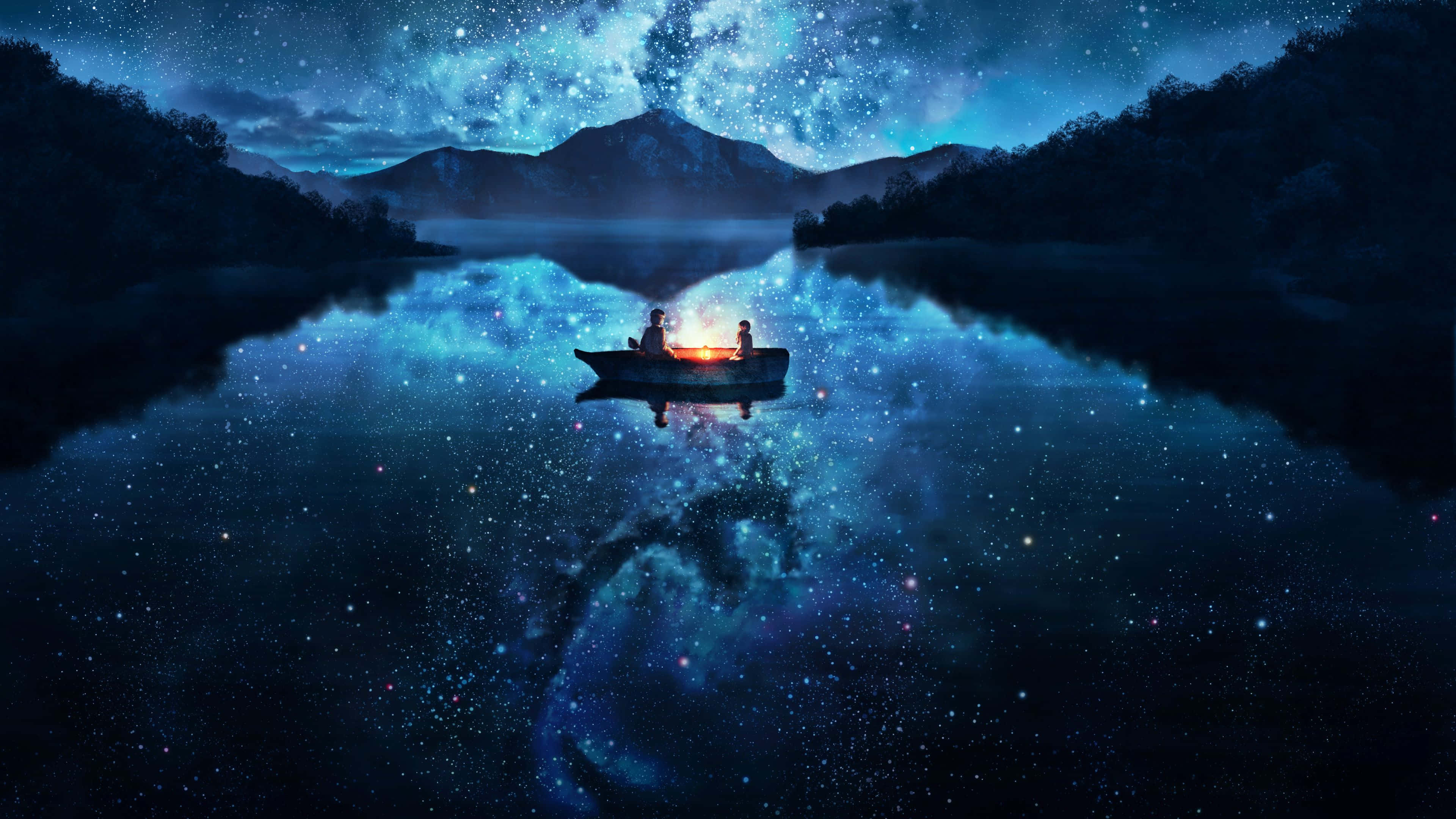 夜空 桌布 壁紙 — 兩個人物坐在一艘小船上，漂浮在星光點點的湖面上，湖面倒映著銀河，背景是宇宙夜空。
