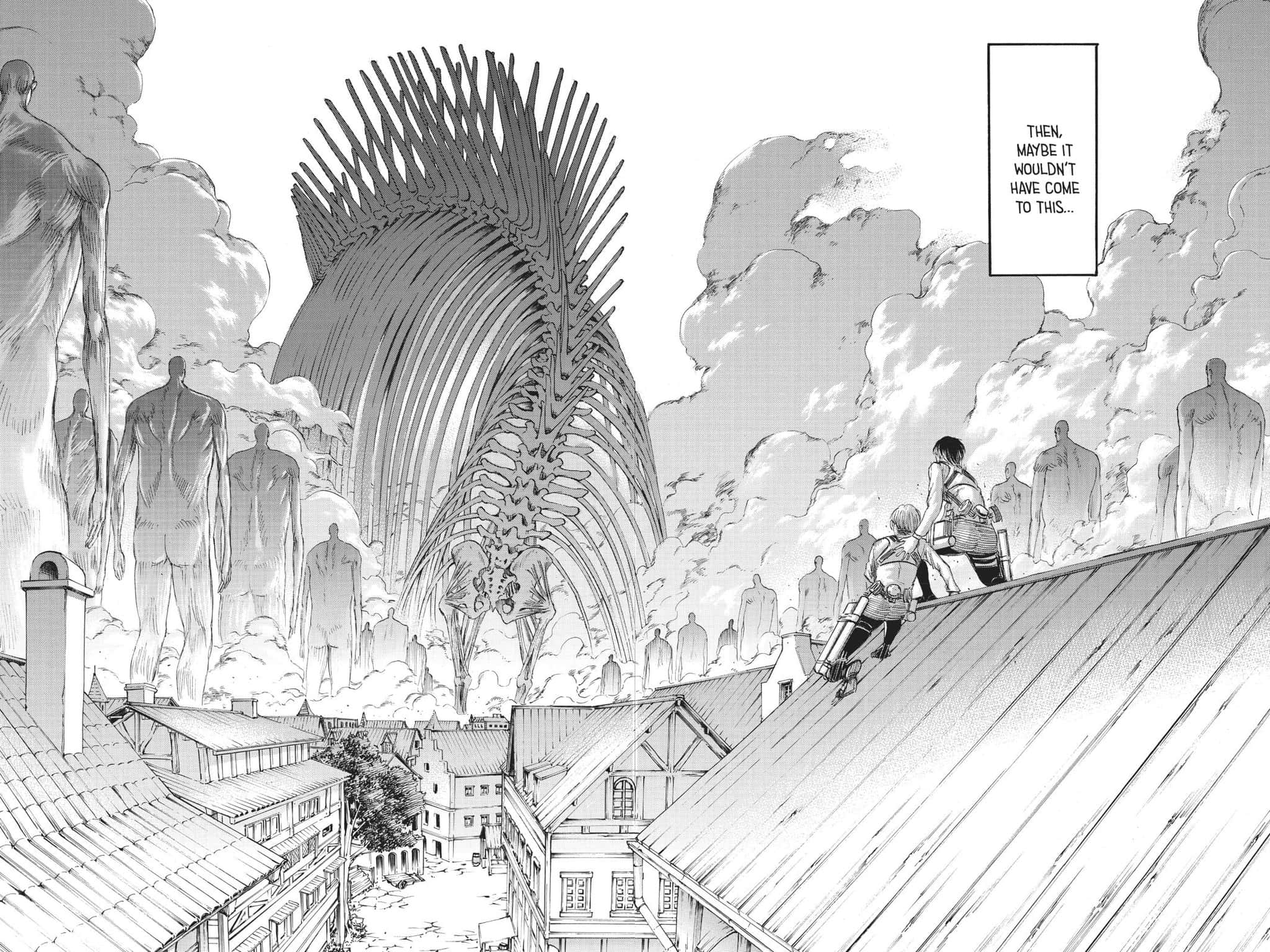 Manga Series 桌布 壁紙 — 兩個人物坐在屋頂上，俯瞰著被巨大類人泰坦和雲層中若隱若現的巨型骷髏泰坦所主宰的城市景觀。