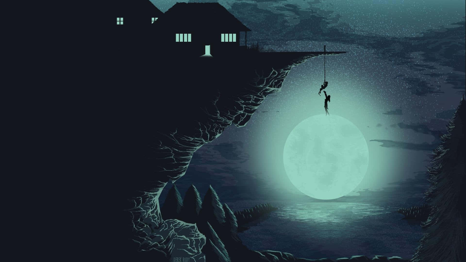 Silhouette 桌布 壁紙 — 兩個人物從懸崖邊的房子沿繩索下降，朝向夜間霧氣瀰漫的湖面上方一輪發光的月亮。
