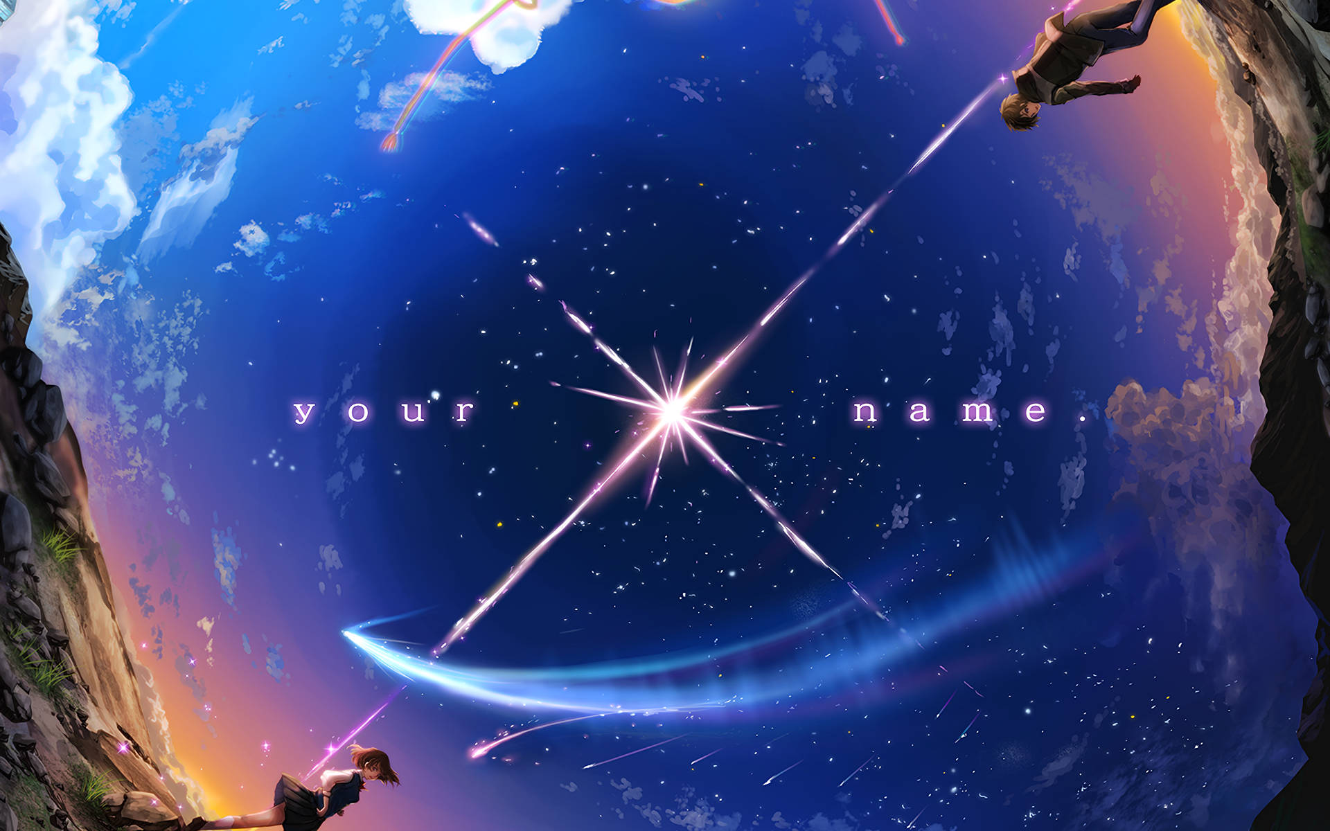 你的名字 桌布 壁紙 — 兩個人物從懸崖邊緣跳入充滿星星和發光軌跡的宇宙天空。