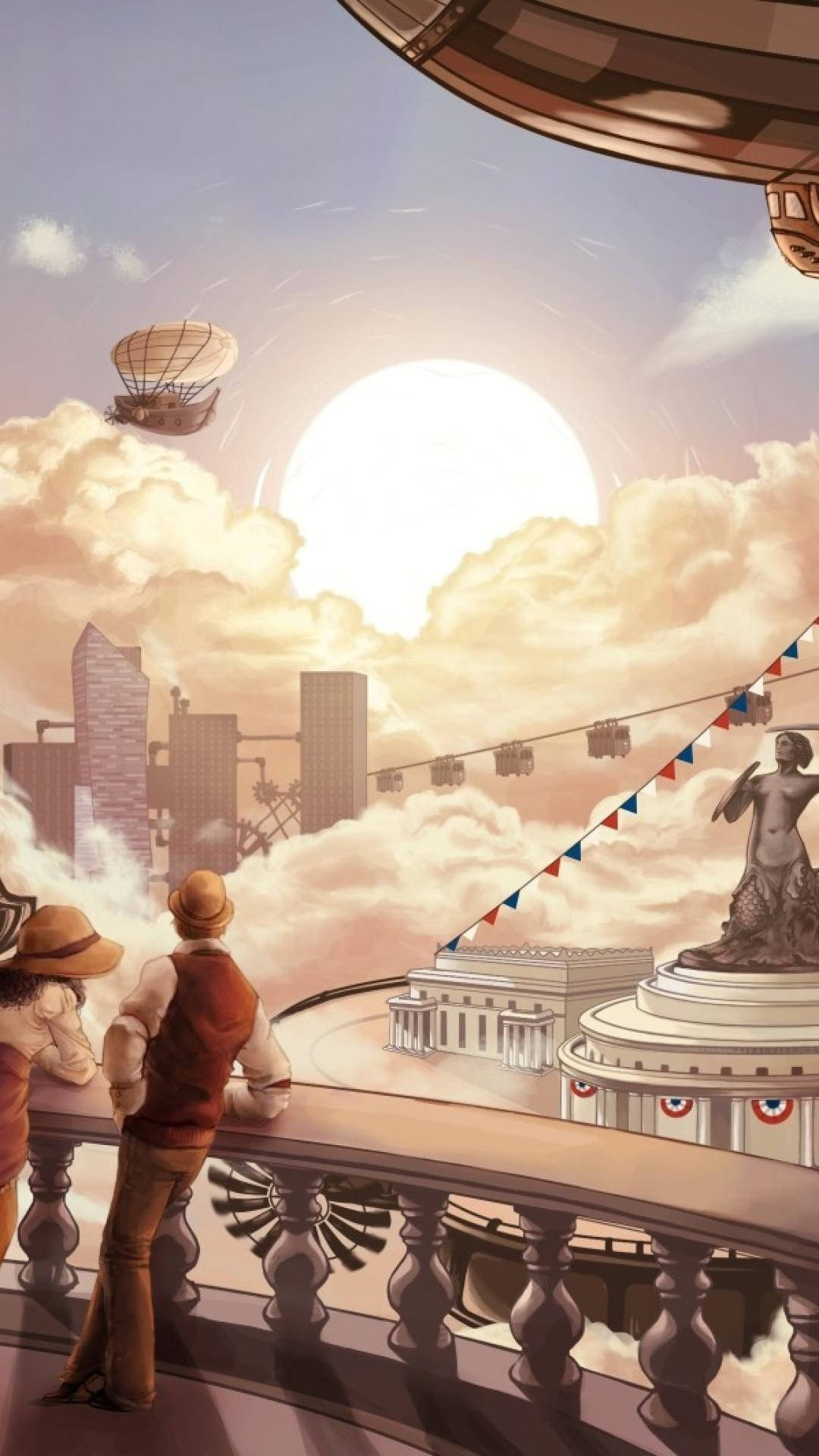 Bioshock Infinite iPhone 桌布 壁紙 — 兩個人物從陽台凝視著一個漂浮的城市景觀，其中有飛船和古典建築，在發光的太陽下。