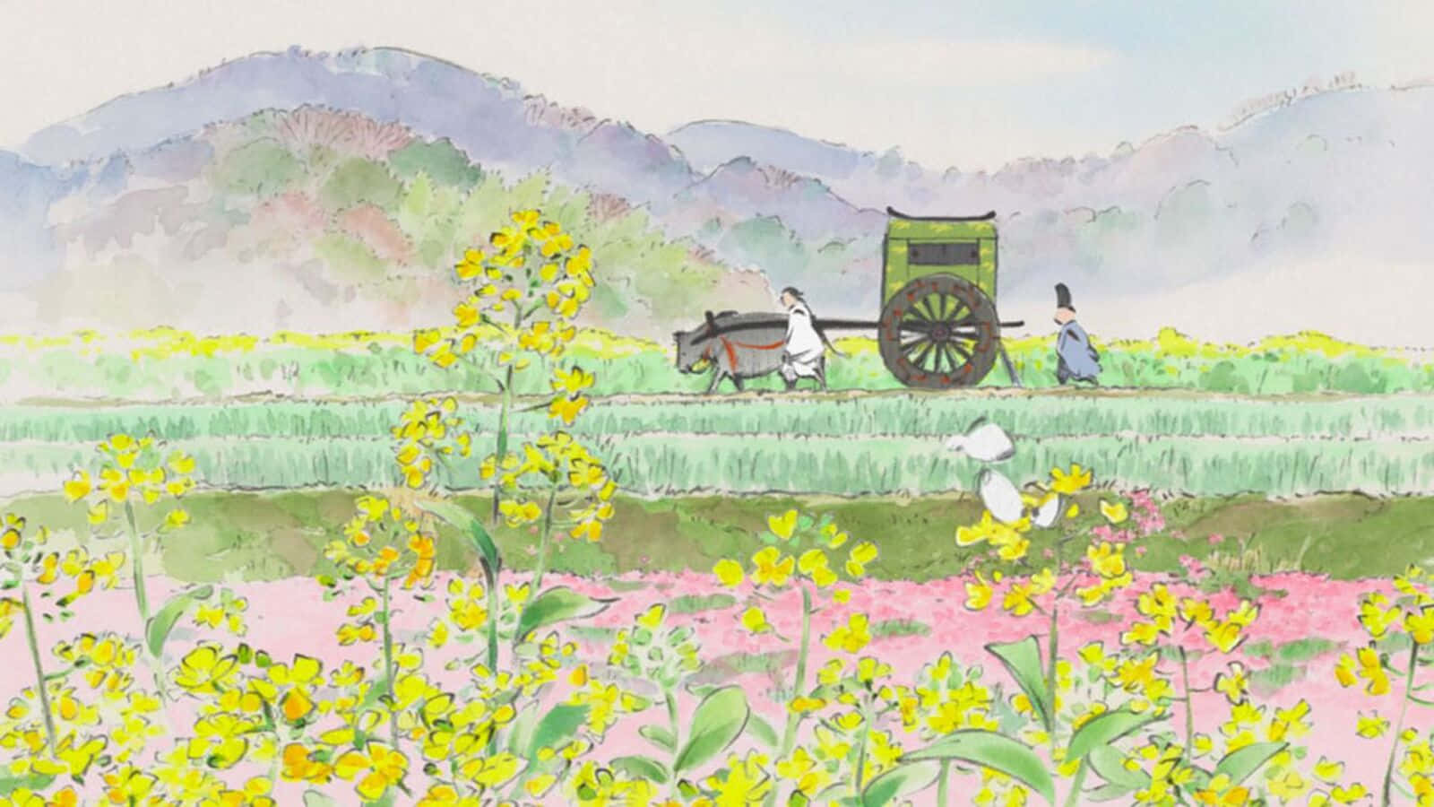 The Tale Of The Princess Kaguya 桌布 壁紙 — 兩個人物推著一架綠色手推車穿過一片充滿黃色和粉紅色花朵的鮮豔田野，背景是霧氣繚繞的山巒。