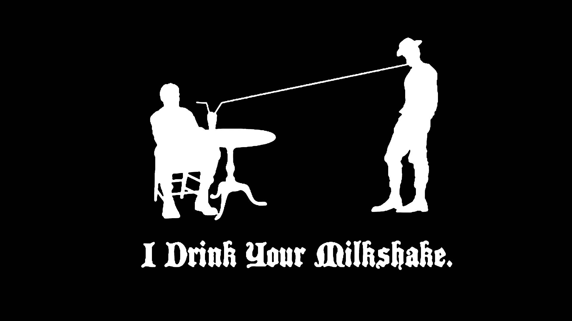 Silhouette 桌布 壁紙 — 兩個人物的白色剪影，一個坐在桌邊，另一個站著用長吸管喝奶昔杯，背景是黑色並有文字。