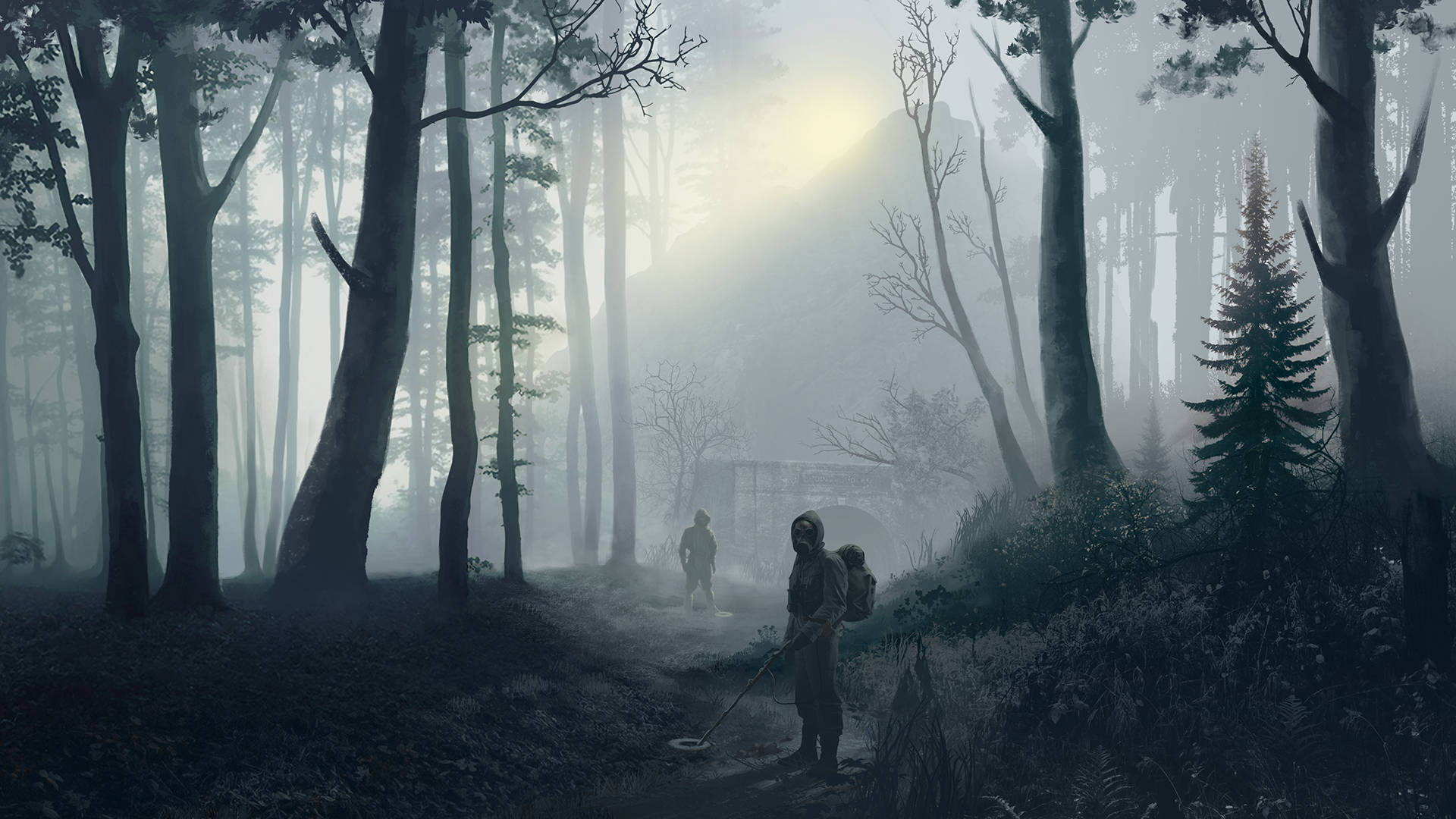 Stalker 桌布 壁紙 — 兩個人物穿過迷霧森林，一道陽光穿透高聳樹木之間的陰暗。