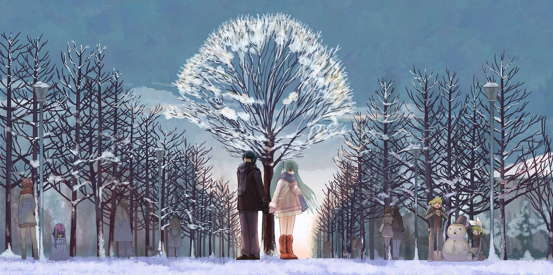 Couple 桌布 壁紙 — 兩個人物站在一個寧靜的冬季公園中一棵積雪的樹下，其他人則在附近散步或堆雪人。