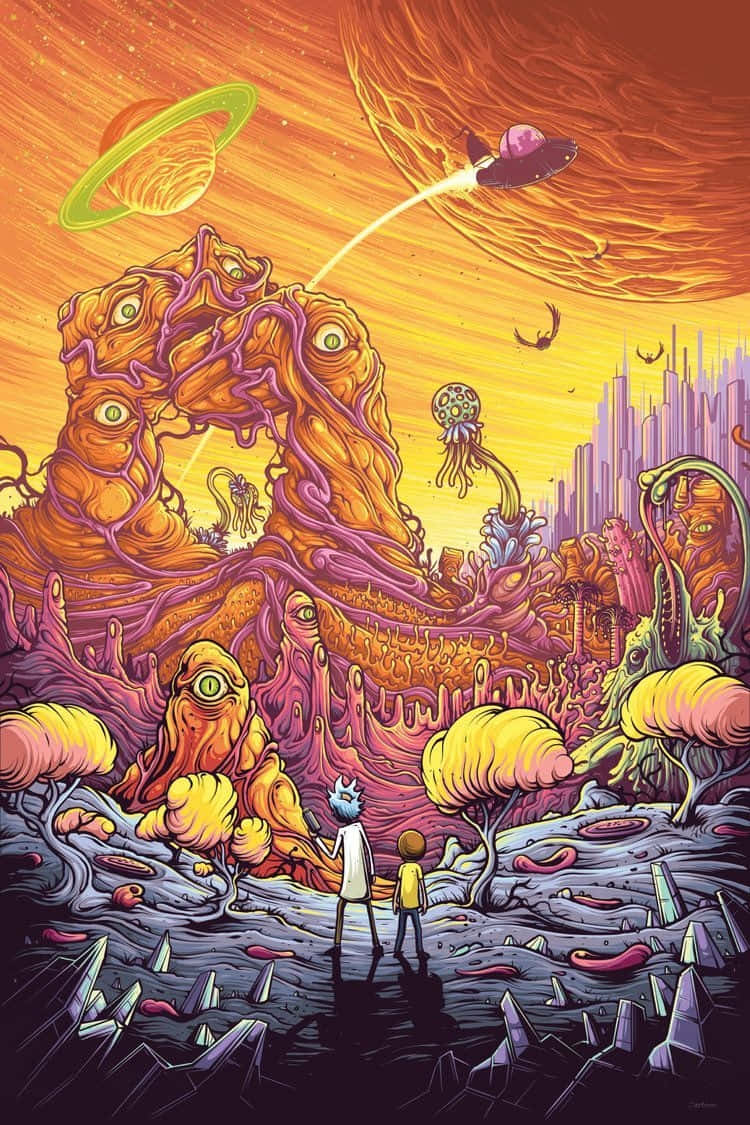瑞克和莫蒂 桌布 壁紙 — 兩個人物站在一個巨大的、多眼的外星生物面前，背景是超現實、熾熱的外星景觀，有飛碟和發光的植物。
