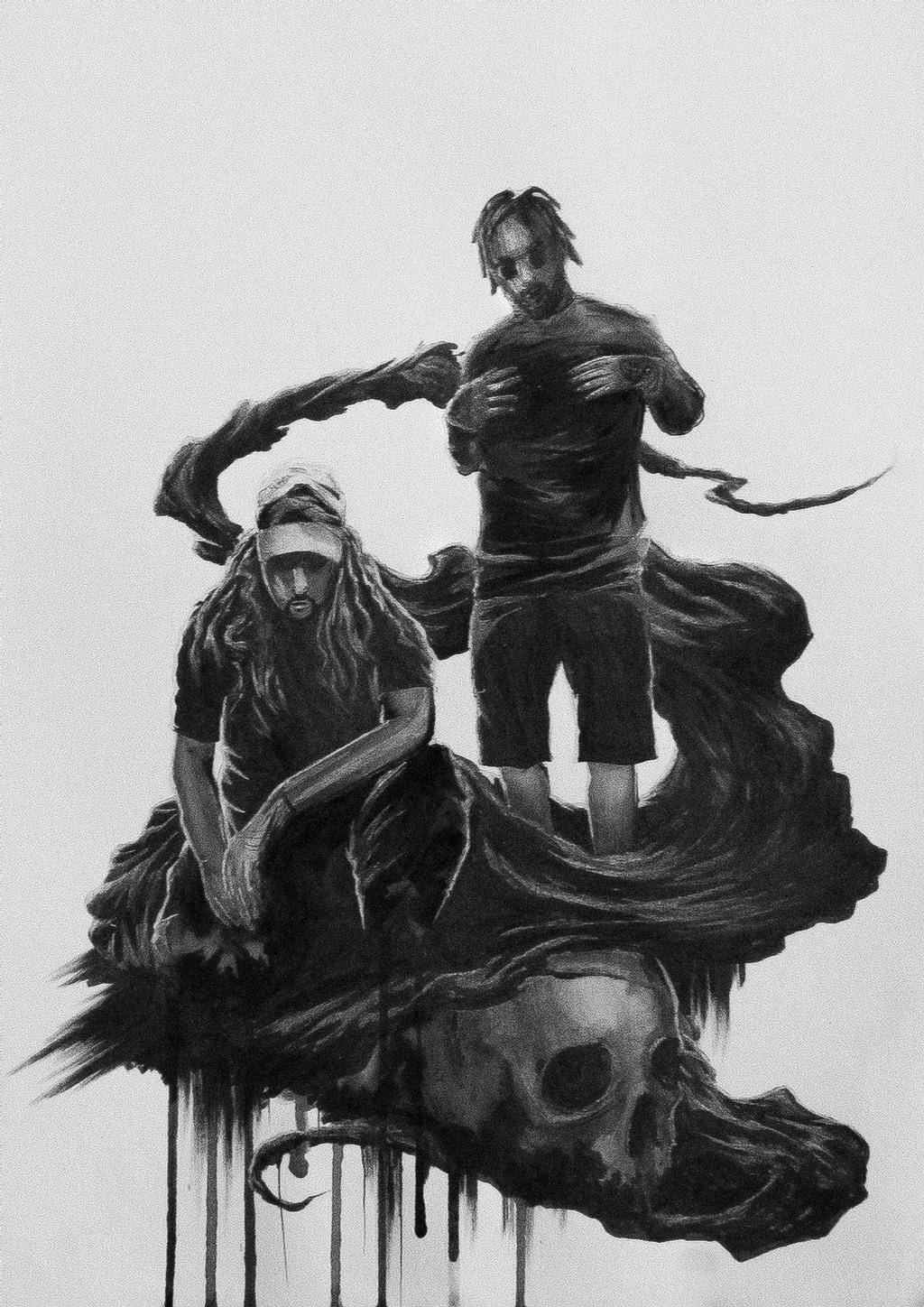 suicideboys 桌布 壁紙 — 兩個人物站在一個滴水的骷髏頭上，黑暗的觸手在他們周圍旋轉，形成一幅令人難忘的黑白插圖。