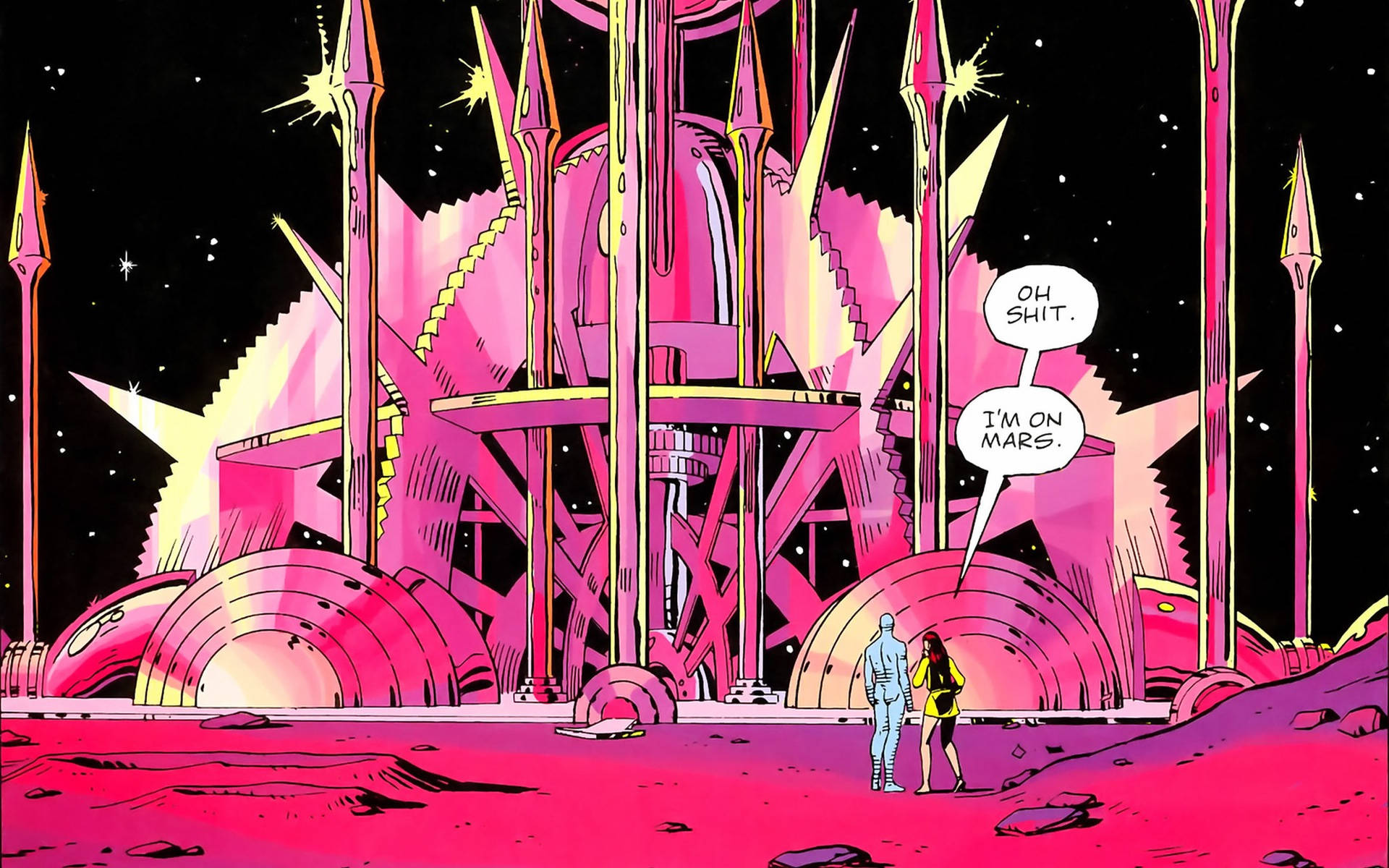 Watchmen 桌布 壁紙 — 兩個人物站在一個高聳的粉紅色外星結構前，背景是繁星點點的黑色天空，對話框寫著「OH SHIT. I'M ON MARS.」