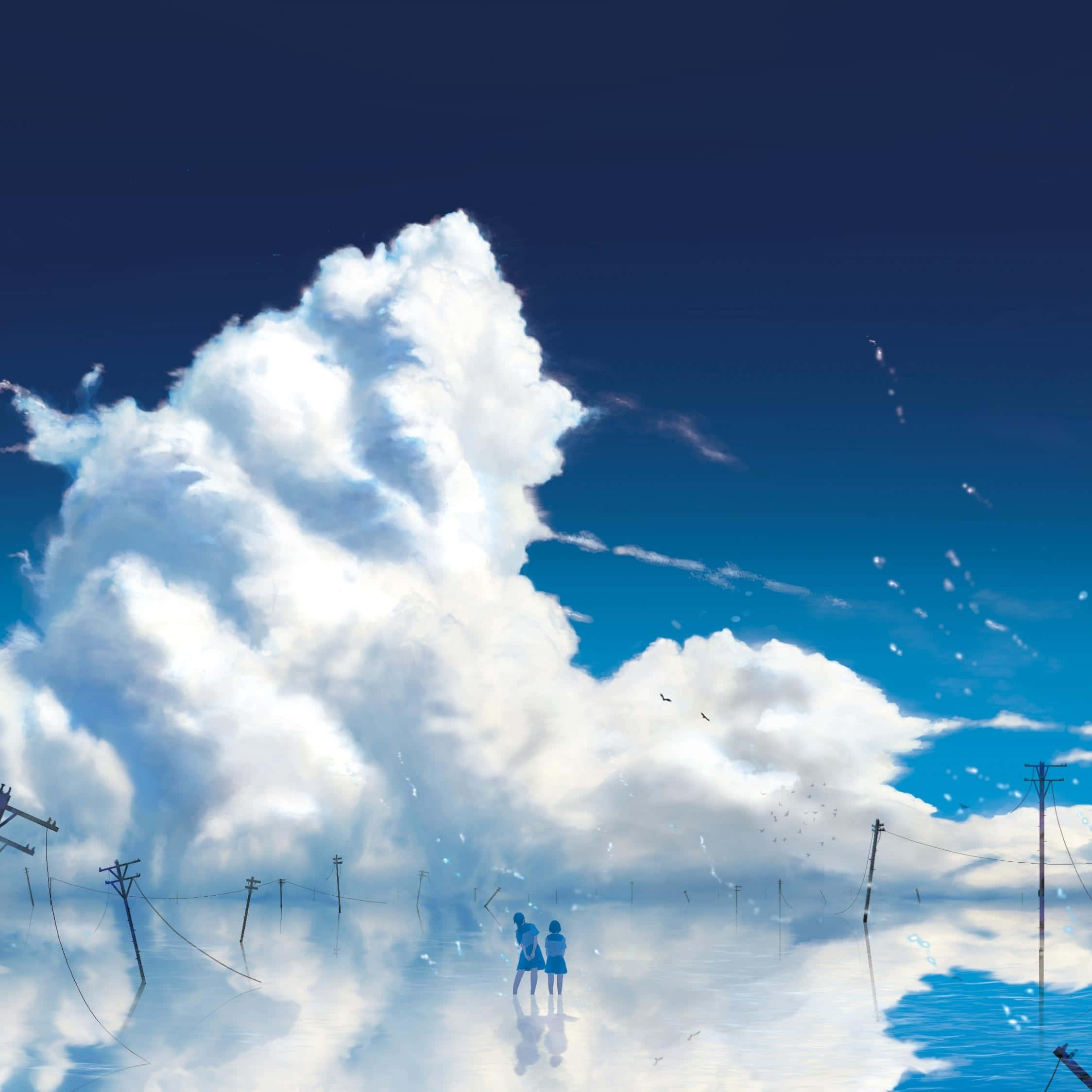 雲朵 桌布 壁紙 — 兩個人物站在反射表面上，背景是廣闊的藍天，帶有戲劇性的白雲和散落的鳥兒。