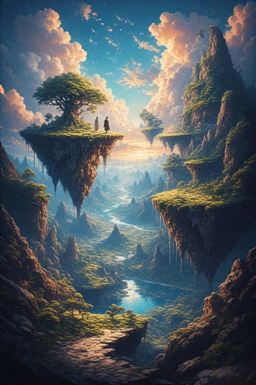 Fantasy Dreamscape Glowing Floating Islands in Surreal Colors 壁紙 — 兩個人物站在夕陽天空下的一個浮島上，俯瞰著一個有河流和崎嶇懸崖的廣闊峽谷。
