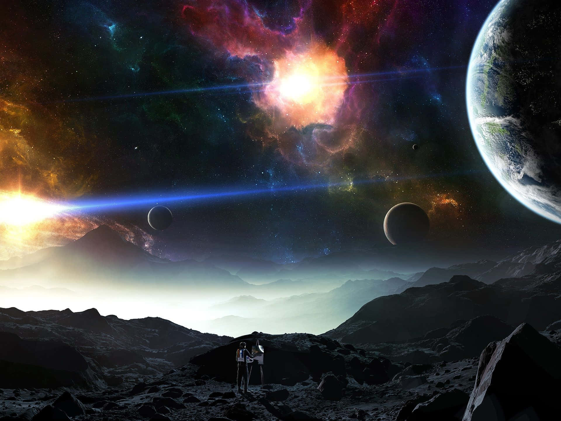Space Desktop 桌布 壁紙 — 兩個人物站在岩石的外星景觀上，凝視著星空宇宙下充滿活力的星雲和遙遠的行星。