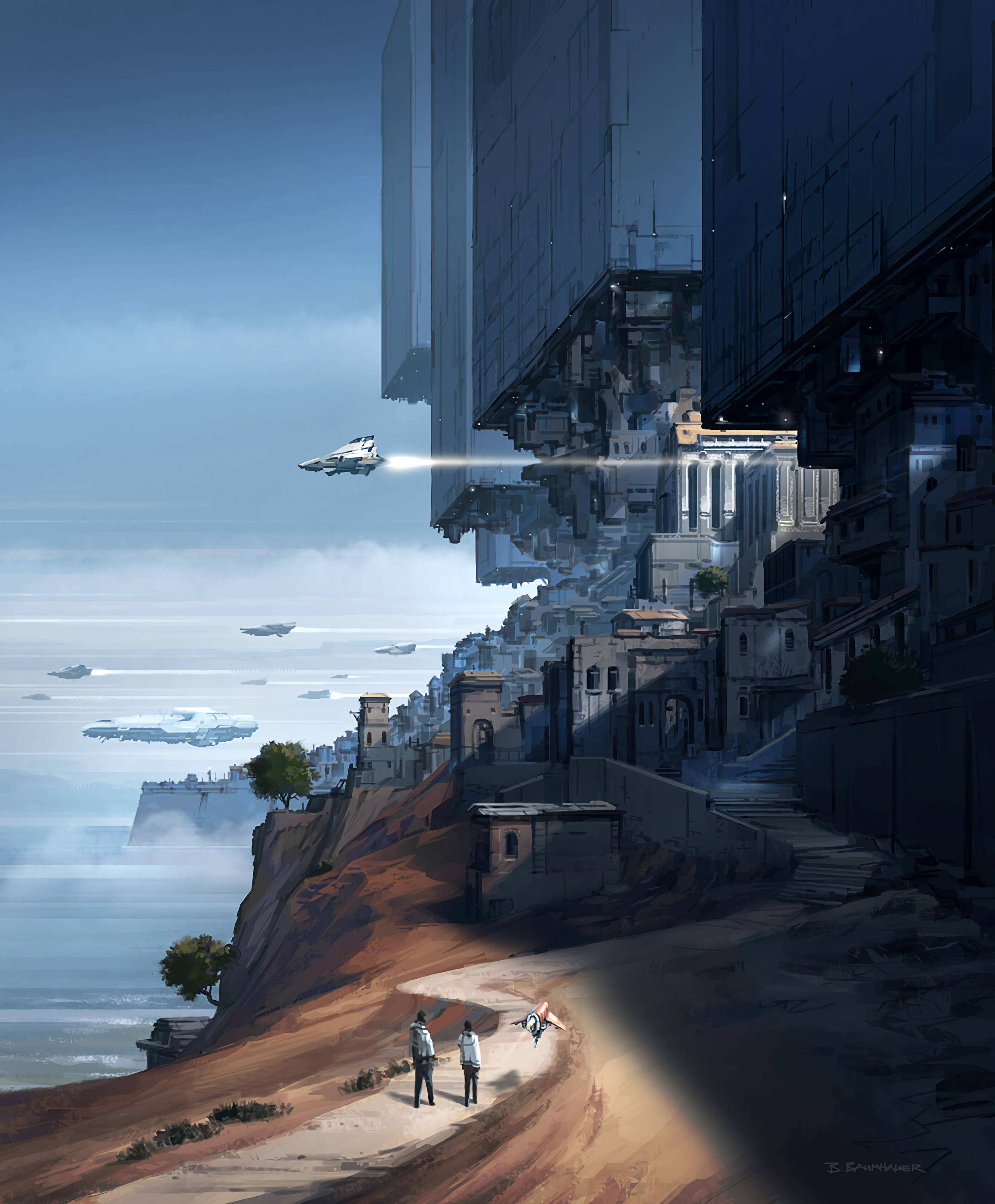 Spaceship 桌布 壁紙 — 兩個人物站在懸崖小徑上，下方是巨大的浮動城市結構，星際戰鬥機在霧濛濛的天空中翱翔。