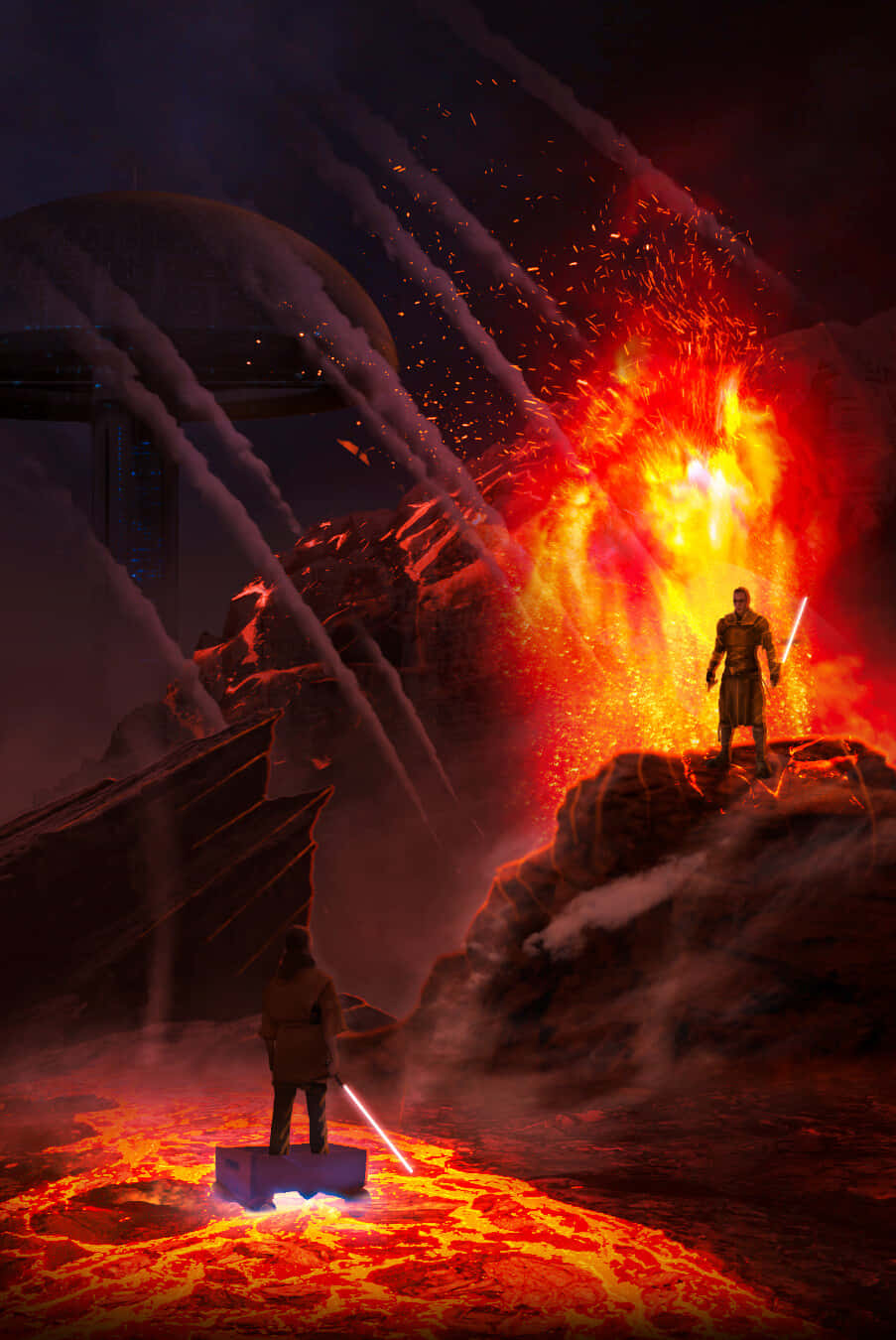 Mustafar 桌布 壁紙 — 兩個人物站在火山岩上，周圍是噴發的熔岩和煙霧，天空陰暗，上方有一個漂浮的結構。