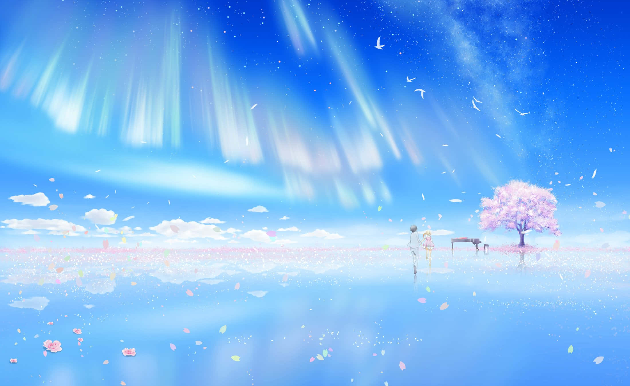 Your Lie In April 桌布 壁紙 — 兩個人物站在發光的藍天下，櫻花飄落，一棵孤獨的粉紅色樹立在反射表面上。