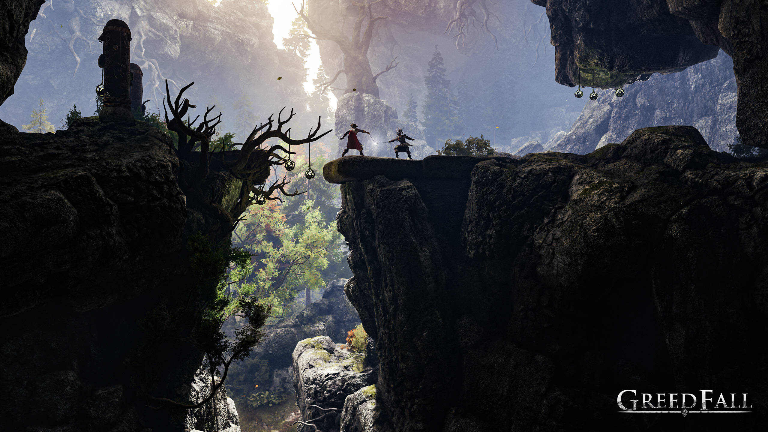 Greedfall 桌布 壁紙 — 兩個人物站在陽光明媚的幻想峽谷的狹窄懸崖邊緣，有古老的石頭廢墟和懸掛的鹿角。
