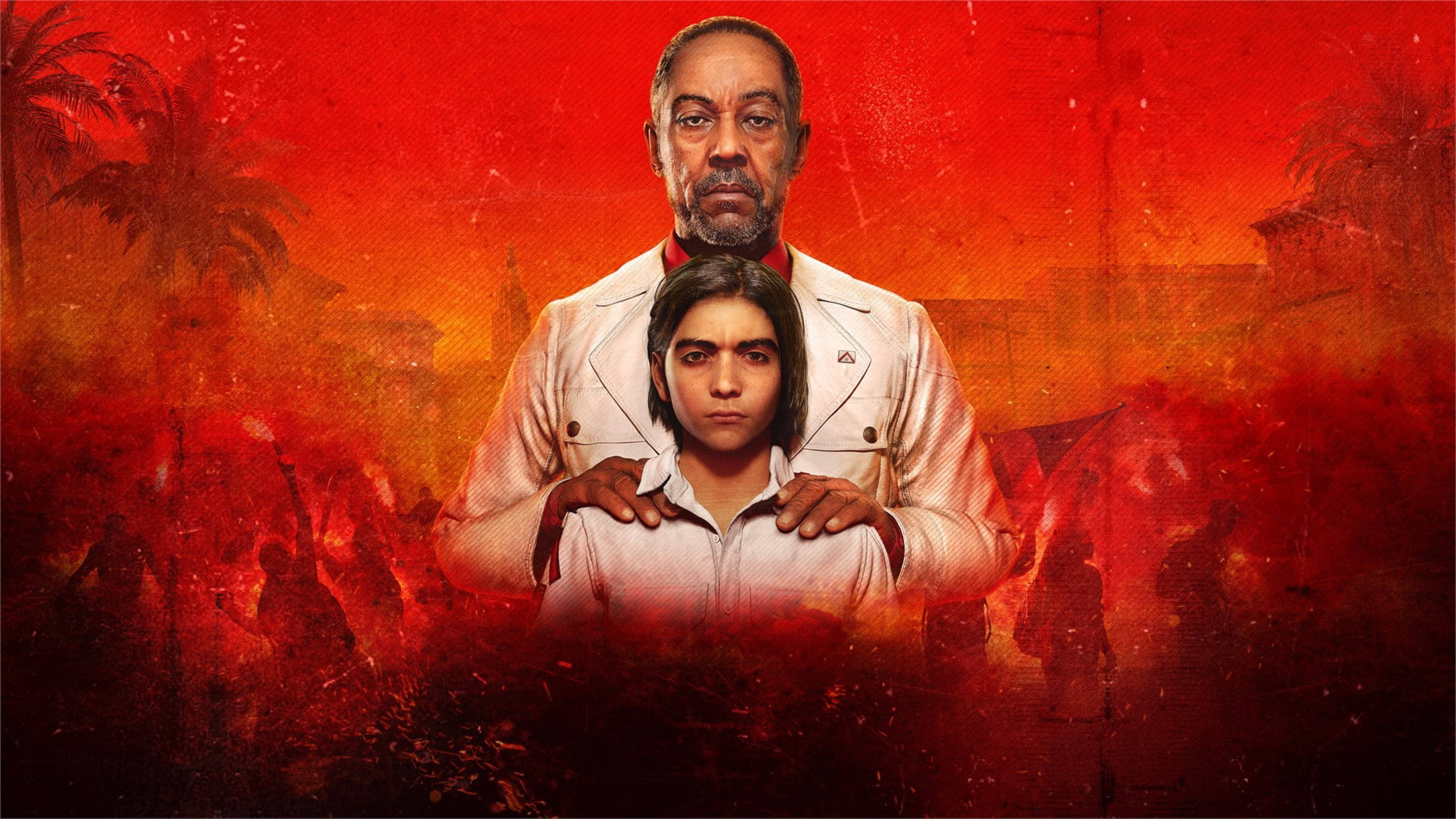Far Cry 6 桌布 壁紙 — 兩個人物莊嚴地站在火紅的背景前，背景有棕櫚樹和剪影般的混亂。