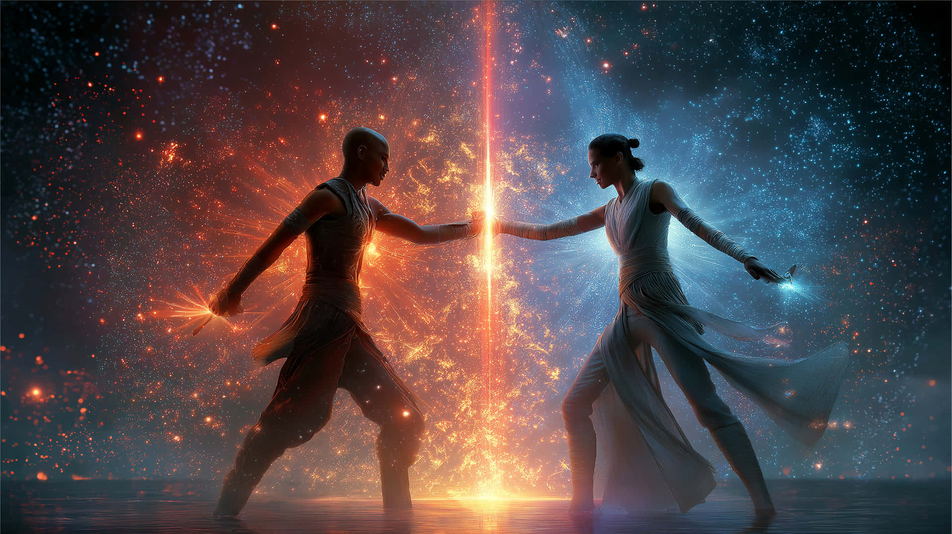 Cosmic Duality Duel 壁紙 — 兩個人物隔著宇宙鴻溝面對面，一個散發出熾熱的橙色能量，另一個則是冰冷的藍色，火花在他們之間爆炸。