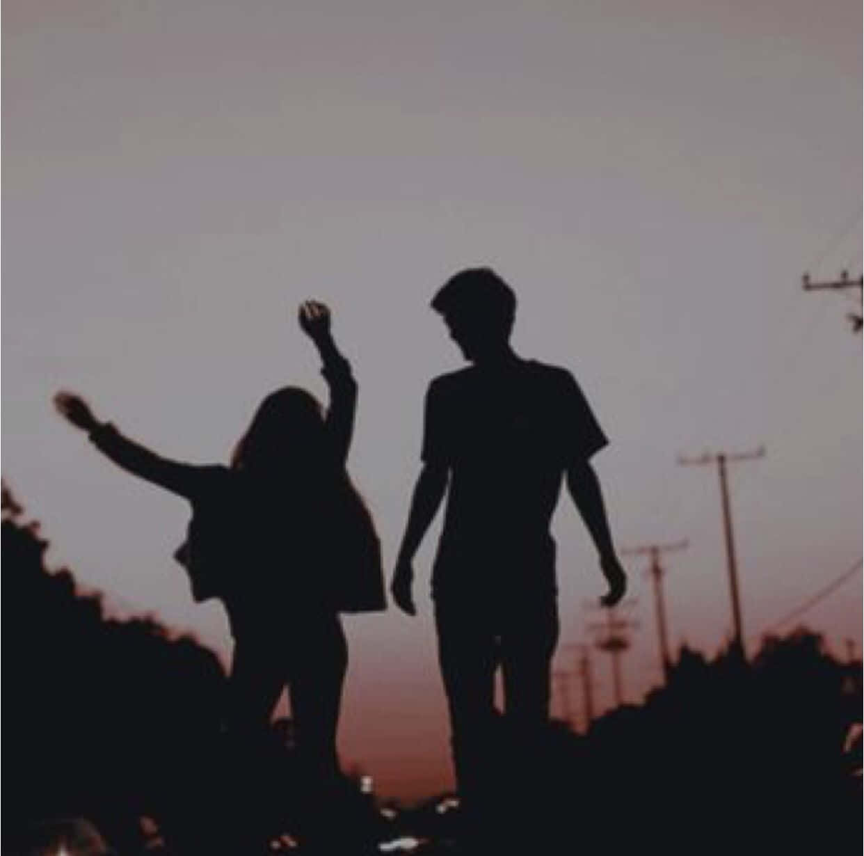 Silhouette 桌布 壁紙 — 兩個人的剪影在柔和的粉紅色和橙色日落天空背景下，背景中有電線，他們高興地舉起雙臂。