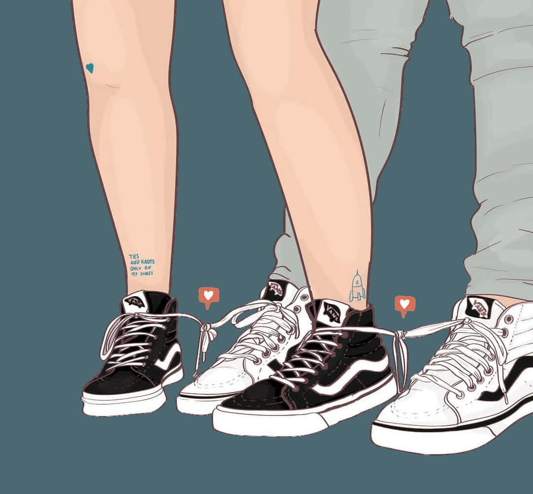 Cute Shoes 桌布 壁紙 — 兩個人的腿和Vans運動鞋用愛心圖案綁在一起，表達愛意。