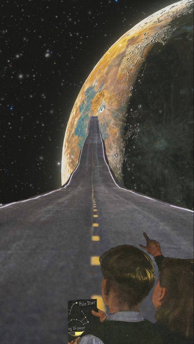Retro Space 桌布 壁紙 — 兩個人站在一條消失在星球發光曲線中的道路上，星空下。
